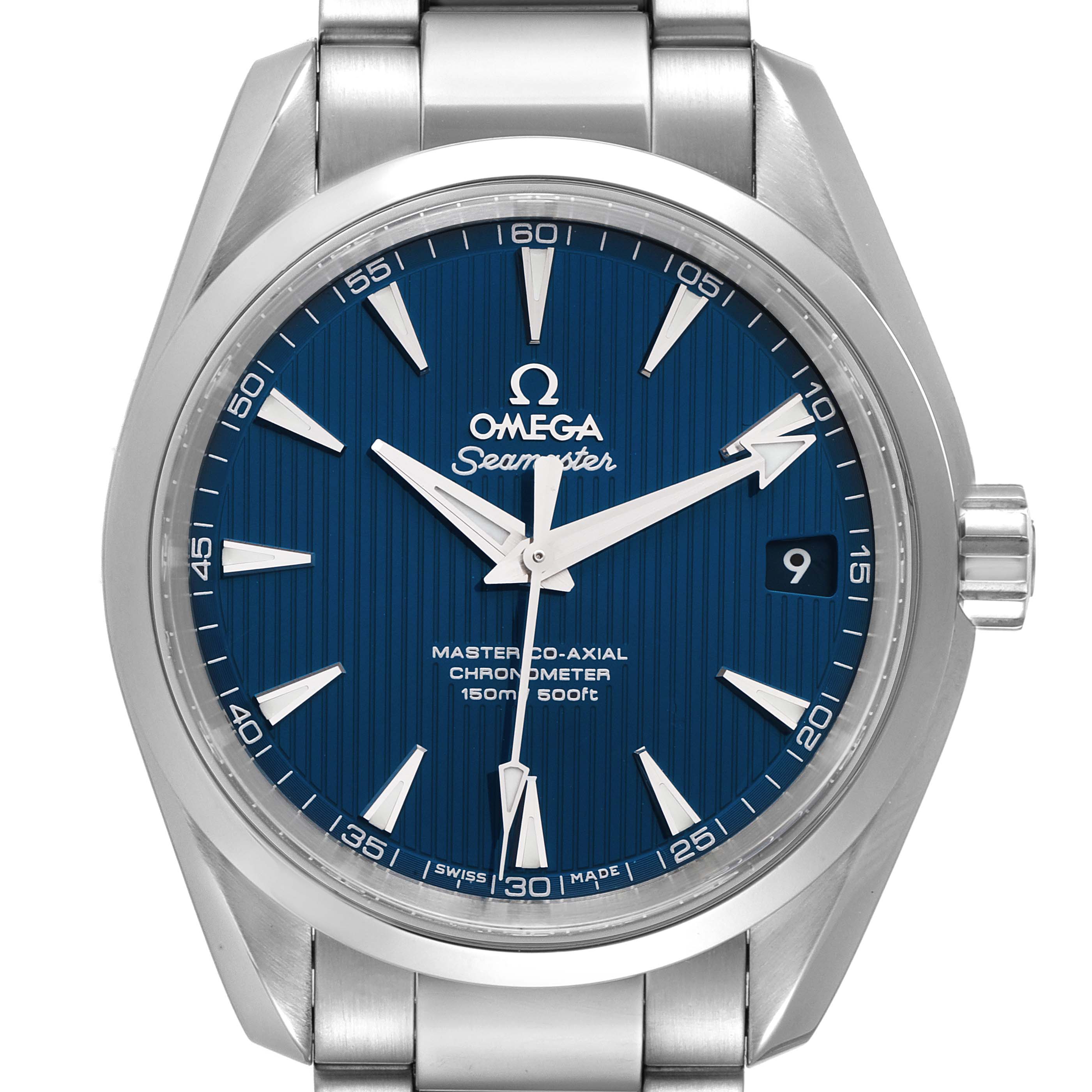 The image shows a frontal view of the Omega Aqua Terra 231.10.39.21.03.002 Men
s Stainless Steel Blue Dial 231.10.39.21.03.002 Men
s Stainless Steel Blue Dial watch, highlighting its face, hands, bezel, and part of the bracelet.
