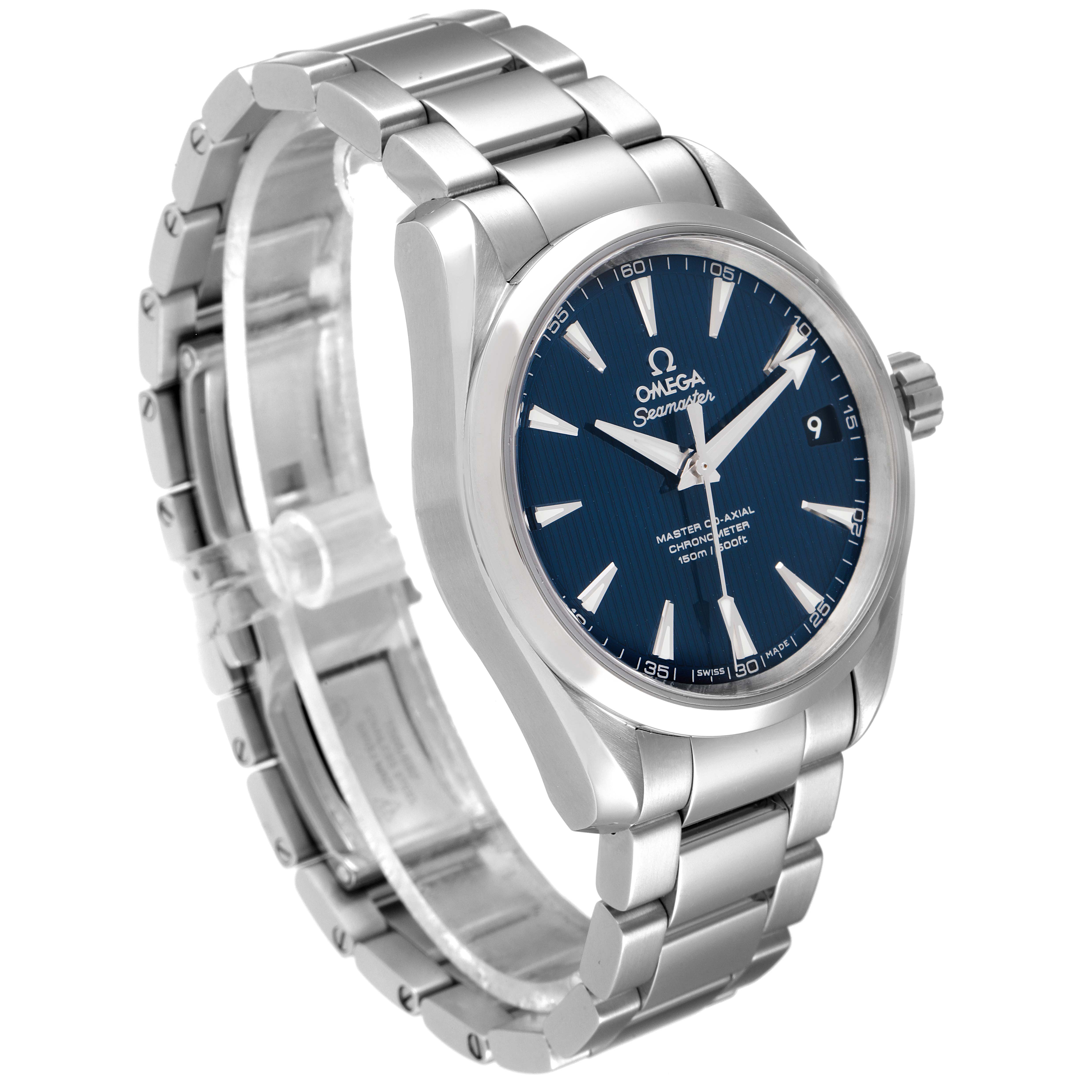 The Omega Aqua Terra 231.10.39.21.03.002 Men
s Stainless Steel Blue Dial 231.10.39.21.03.002 Men
s Stainless Steel Blue Dial watch is shown at a three-quarter angle, displaying the case, dial, bezel, crown, and stainless steel bracelet.
