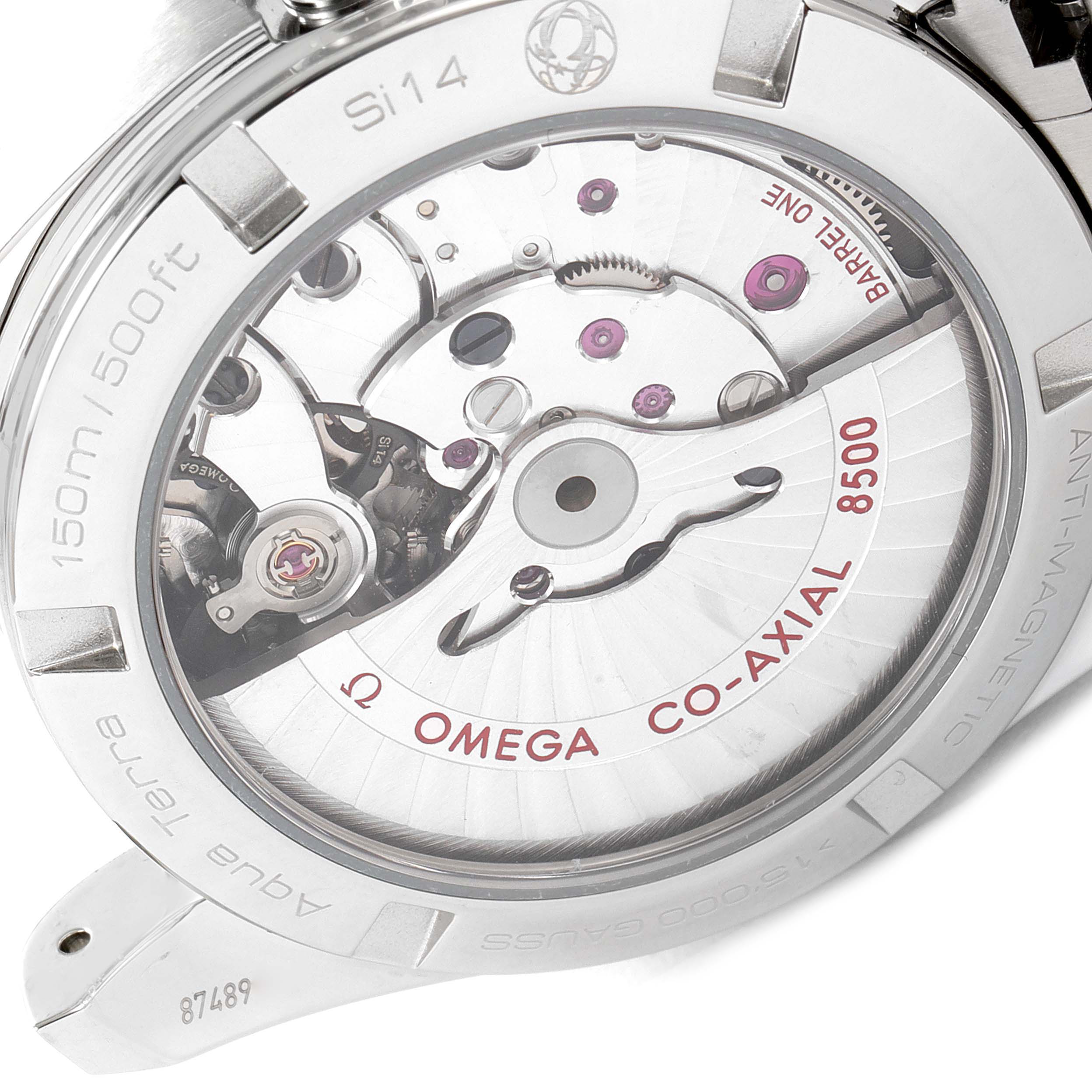 This image shows the back of the Omega Aqua Terra 231.10.39.21.03.002 Men
s Stainless Steel Blue Dial 231.10.39.21.03.002 Men
s Stainless Steel Blue Dial watch, revealing the exposed Omega Co-Axial 8500 movement.