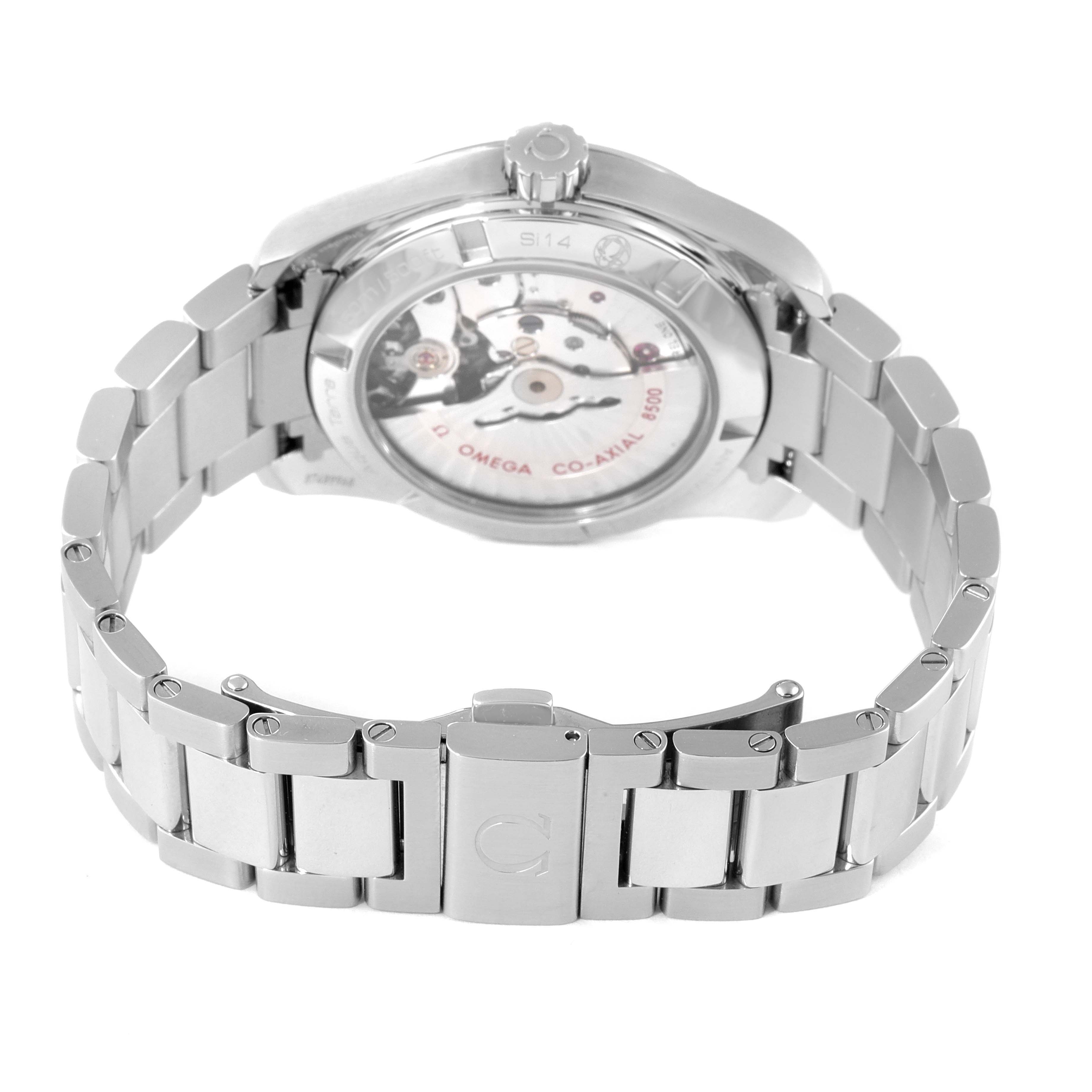 The image shows the back and bracelet of an Omega Aqua Terra 231.10.39.21.03.002 Men
s Stainless Steel Blue Dial 231.10.39.21.03.002 Men
s Stainless Steel Blue Dial watch, highlighting the transparent case back and visible movement.