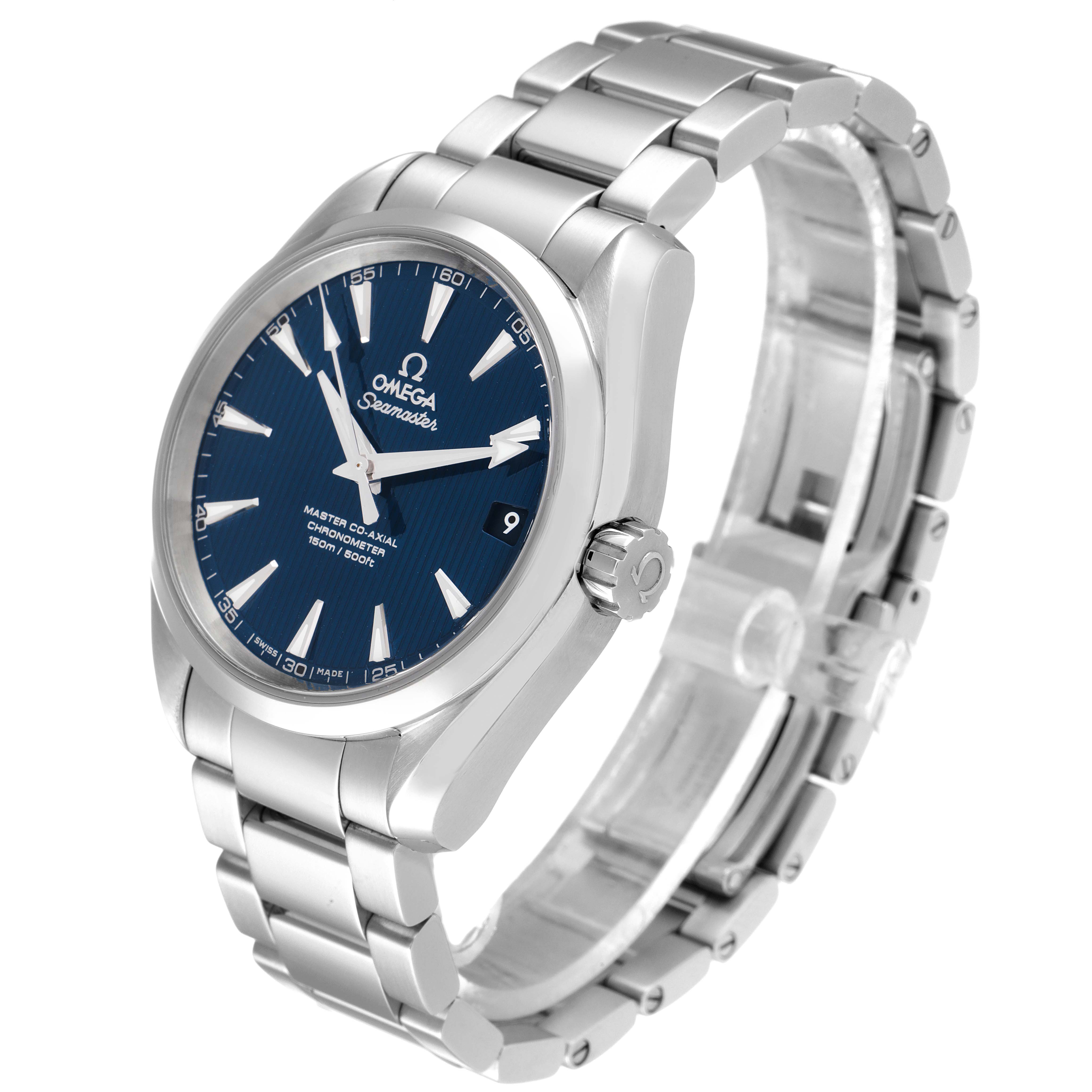 The image shows an angled view of the Omega Aqua Terra 231.10.39.21.03.002 Men
s Stainless Steel Blue Dial 231.10.39.21.03.002 Men
s Stainless Steel Blue Dial watch
s face and bracelet.