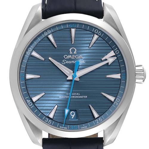 The Omega Aqua Terra watch is shown from the front, highlighting the dial, hands, and bezel.