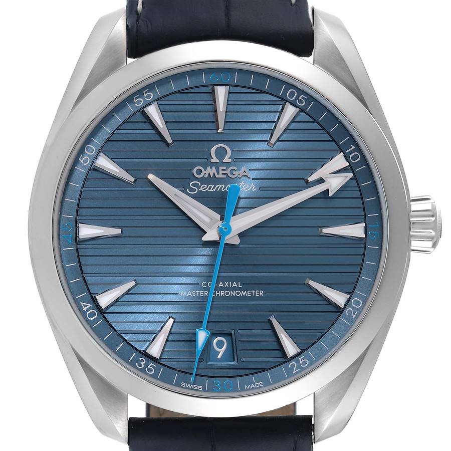 The Omega Aqua Terra watch is shown from a front view, highlighting its blue dial, hour markers, and hands.