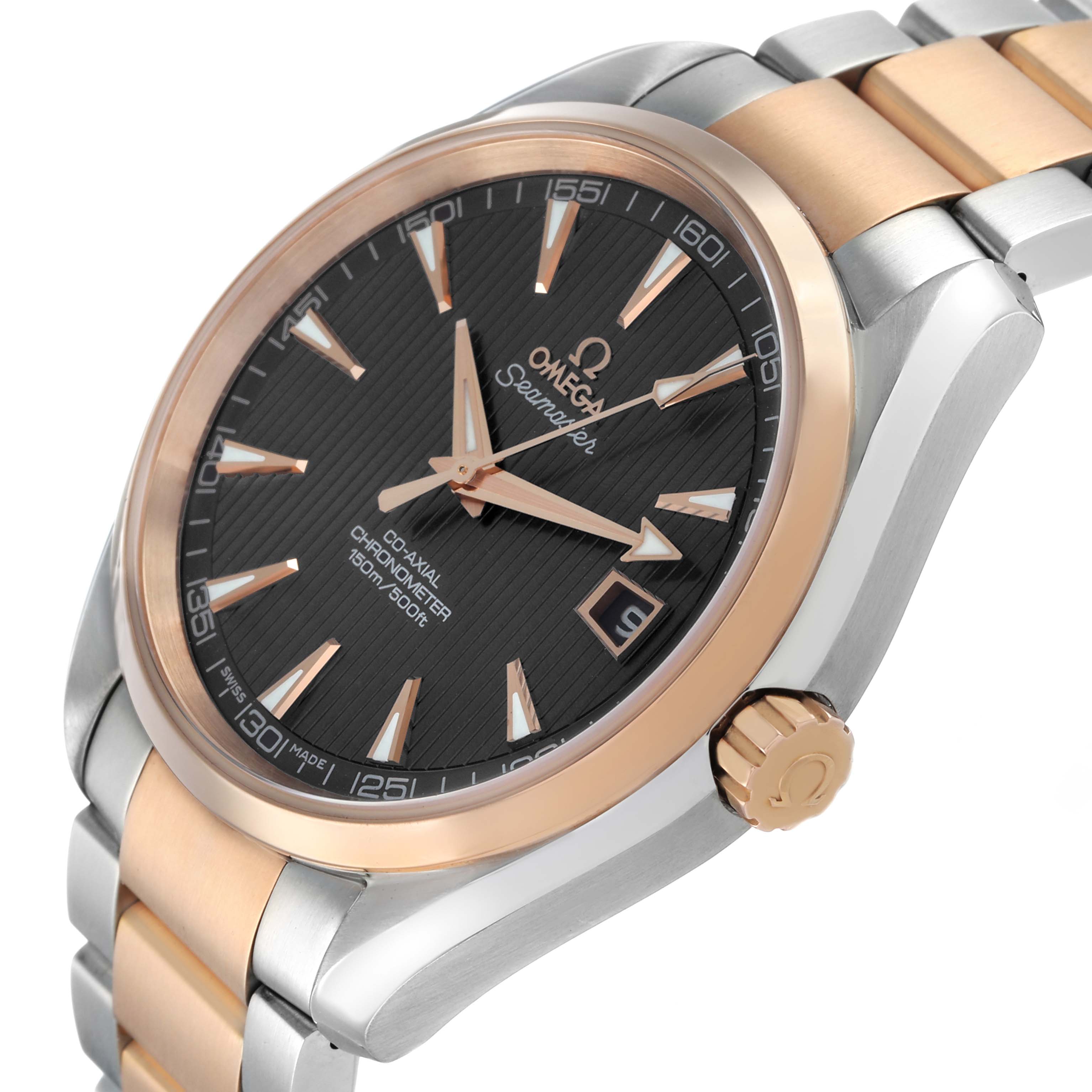 The Omega Aqua Terra 231.20.42.21.06.001 Men's Stainless Steel Grey Dial watch is shown from a three-quarter view highlighting the face, bezel, crown, and part of the bracelet.