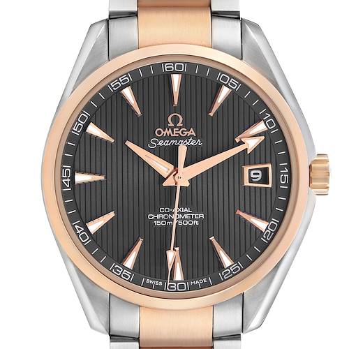 The Omega Aqua Terra 231.20.42.21.06.001 Men's Stainless Steel Grey Dial watch is shown from the front, highlighting its dial, hands, bezel, and part of the bracelet.