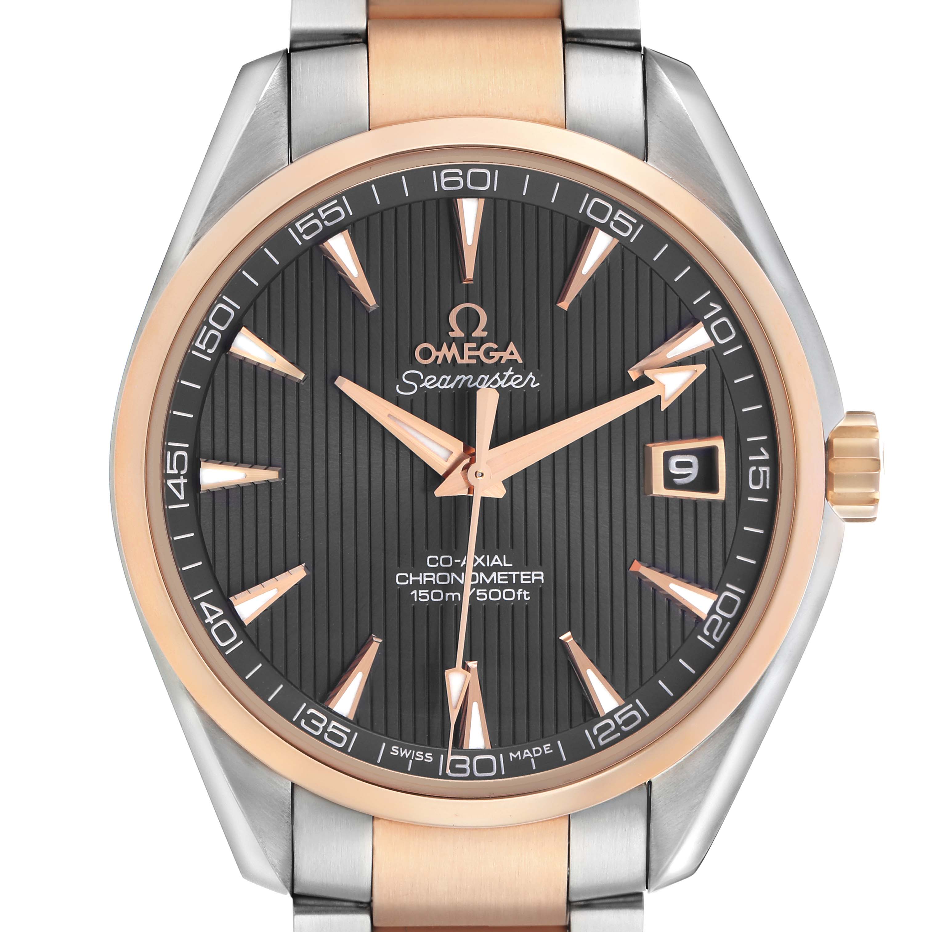 The Omega Aqua Terra 231.20.42.21.06.001 Men's Stainless Steel Grey Dial watch is shown from a front angle, highlighting the face, bezel, and part of the bracelet.