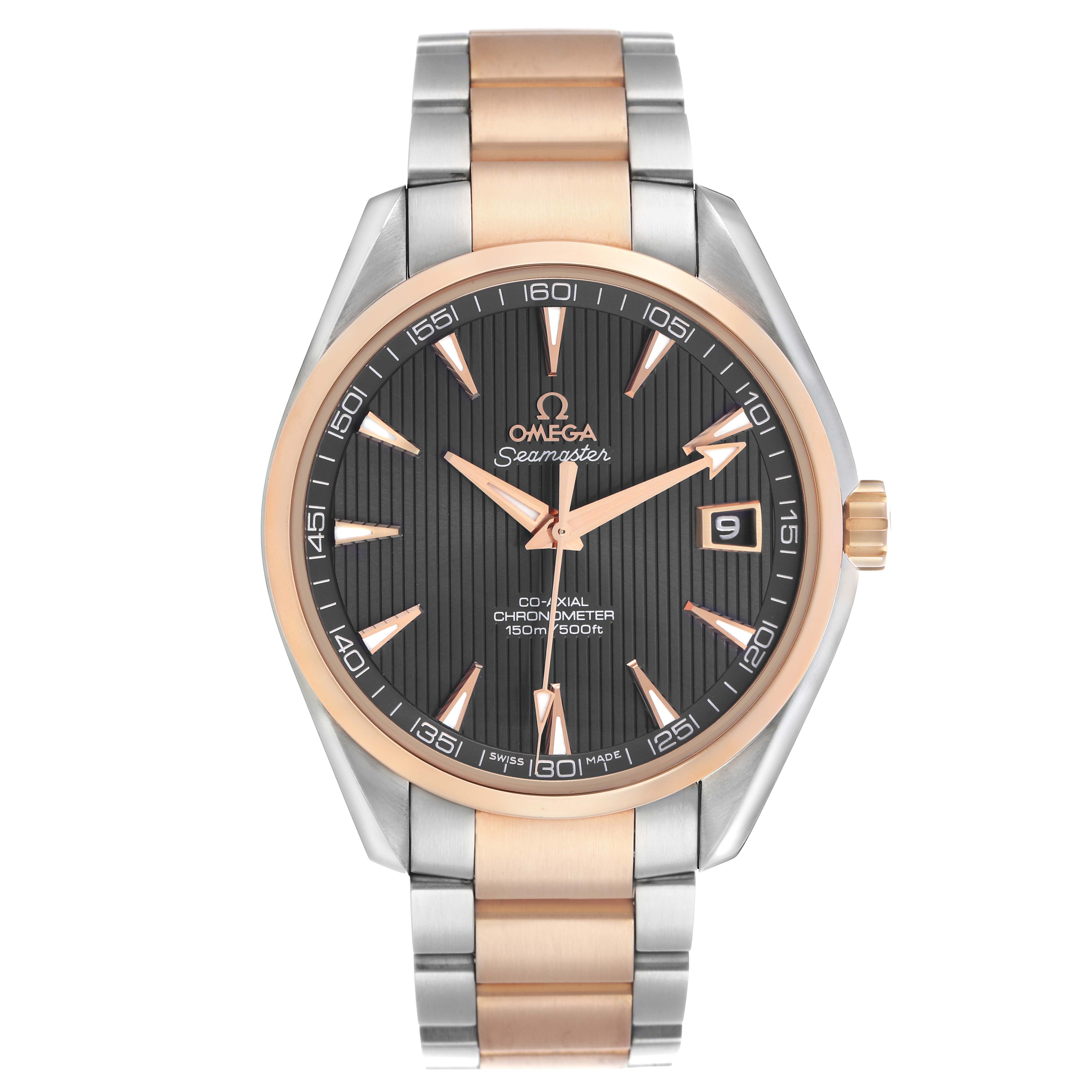 The Omega Aqua Terra 231.20.42.21.06.001 Men's Stainless Steel Grey Dial watch is shown from a top-down angle, displaying the face, bezel, and bracelet.