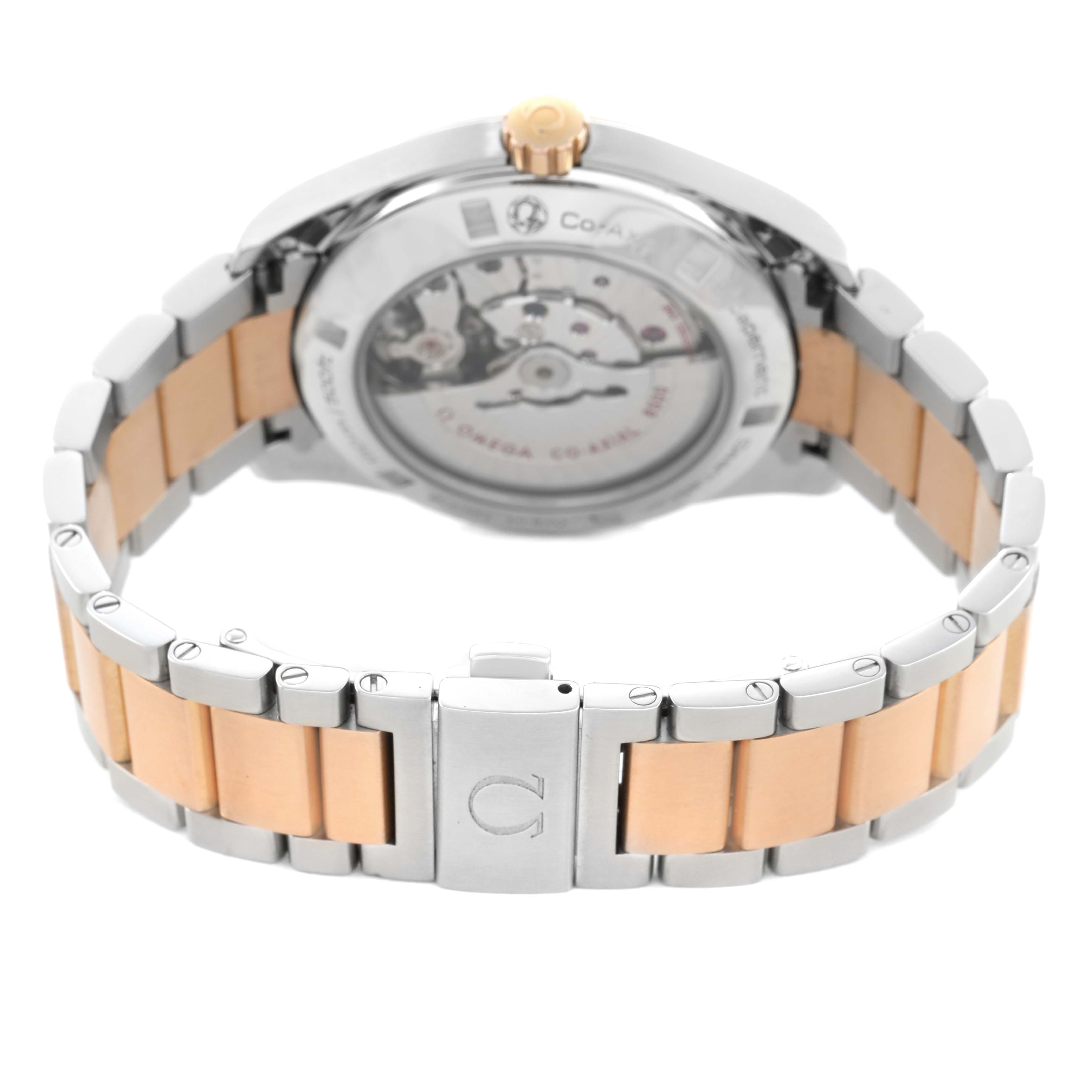 The image shows the back view of the Omega Aqua Terra 231.20.42.21.06.001 Men's Stainless Steel Grey Dial watch, highlighting its open case back and two-tone bracelet.