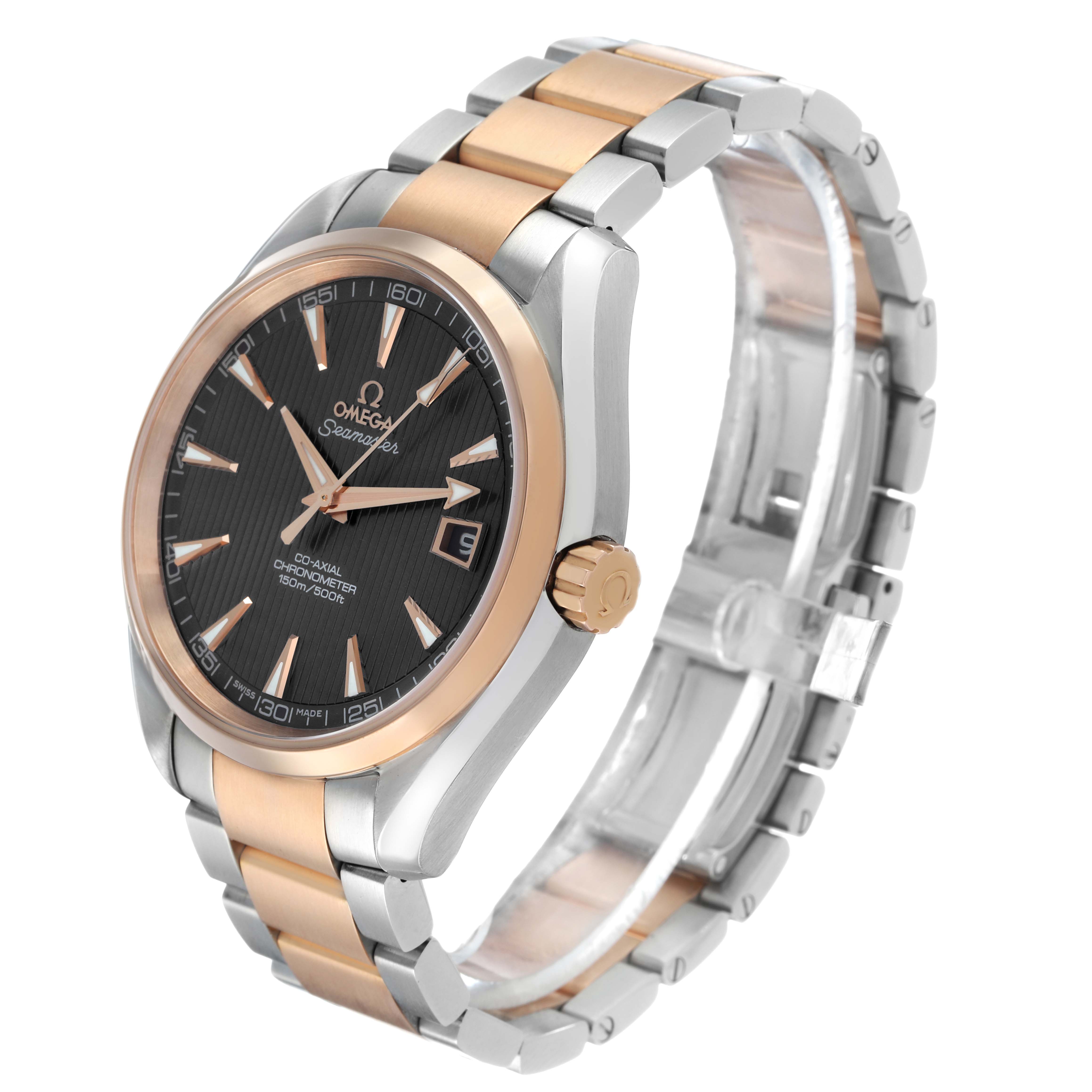 The Omega Aqua Terra 231.20.42.21.06.001 Men's Stainless Steel Grey Dial watch is shown at a three-quarter angle, highlighting its two-tone bracelet and black dial.