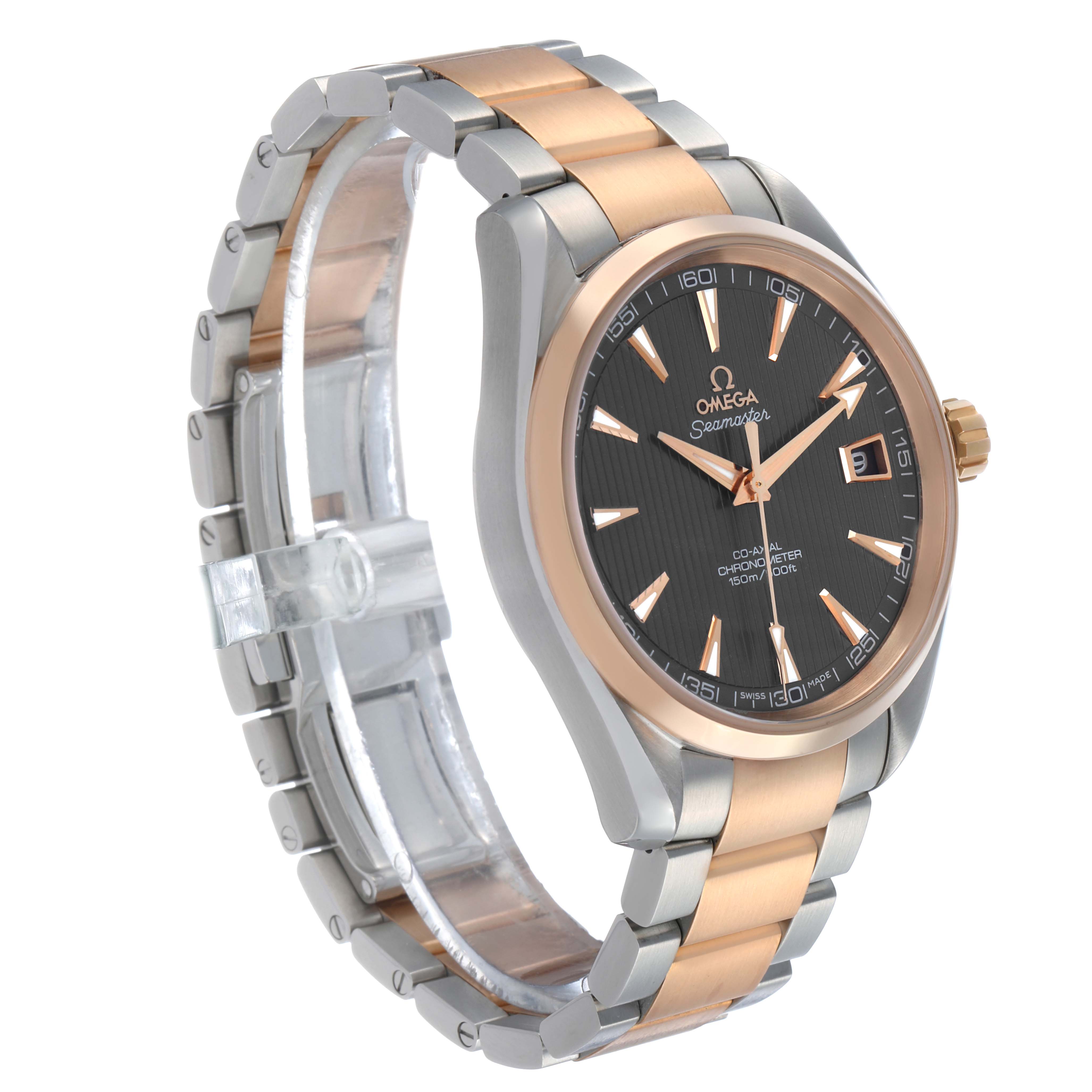 The Omega Aqua Terra 231.20.42.21.06.001 Men's Stainless Steel Grey Dial watch is shown at a three-quarter angle, highlighting its dial, bezel, and two-tone bracelet.