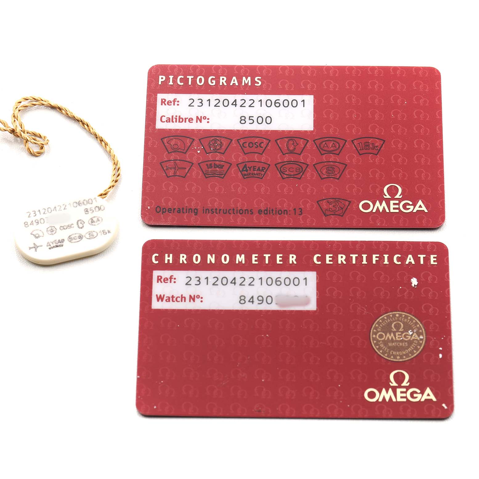 The image shows an Omega Aqua Terra 231.20.42.21.06.001 Men's Stainless Steel Grey Dial watch's pictogram and chronometer certificate cards along with a hang tag.