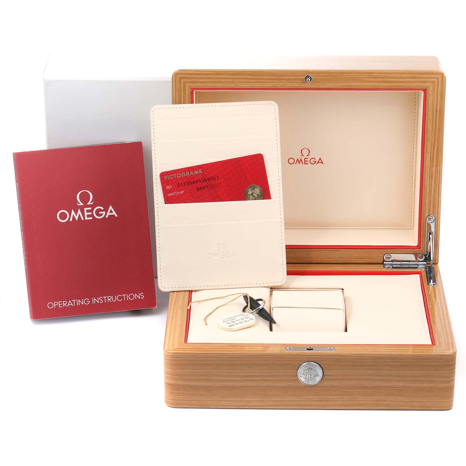 The image shows an Omega Seamaster 212.30.44.50.03.001 Men's Stainless Steel Blue Dial 212.30.44.50.03.001 Men's Stainless Steel Blue Dial watch box, operating instructions, and a warranty card.