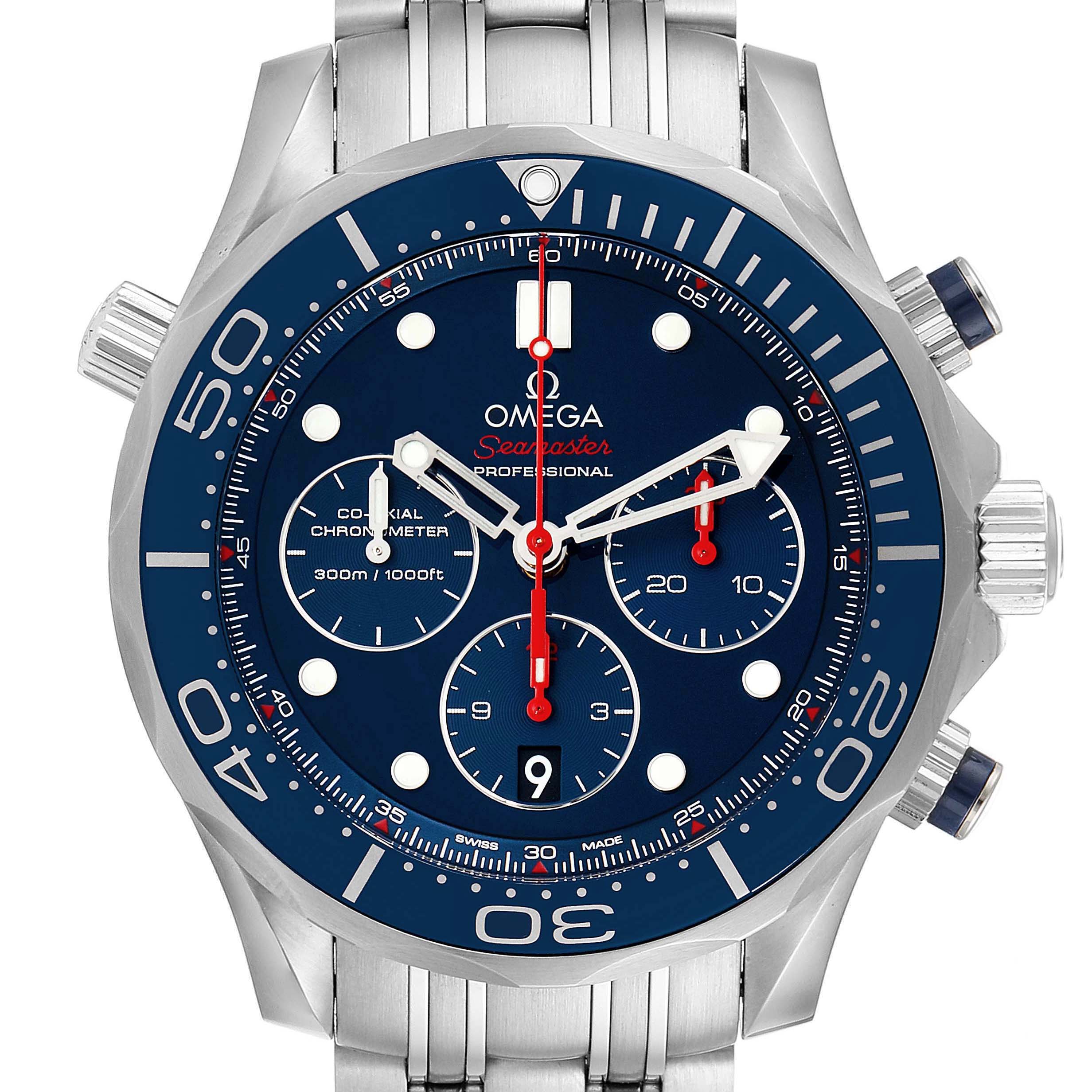 This image shows a front view of an Omega Seamaster 212.30.44.50.03.001 Men's Stainless Steel Blue Dial 212.30.44.50.03.001 Men's Stainless Steel Blue Dial watch, featuring its blue dial, chronograph subdials, and brushed metal strap.