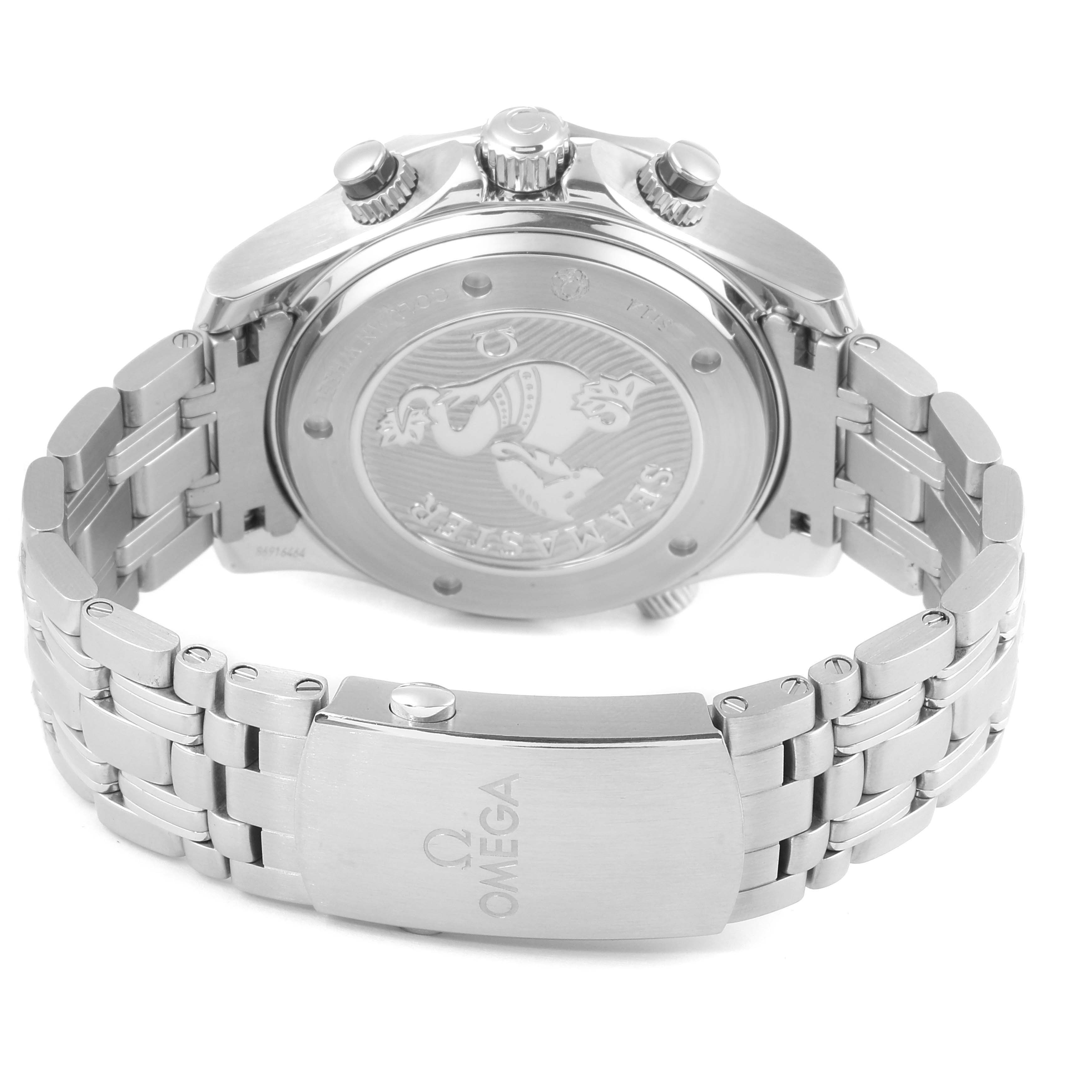 The image shows the back case and bracelet of an Omega Seamaster 212.30.44.50.03.001 Men's Stainless Steel Blue Dial 212.30.44.50.03.001 Men's Stainless Steel Blue Dial watch from a rear angle.