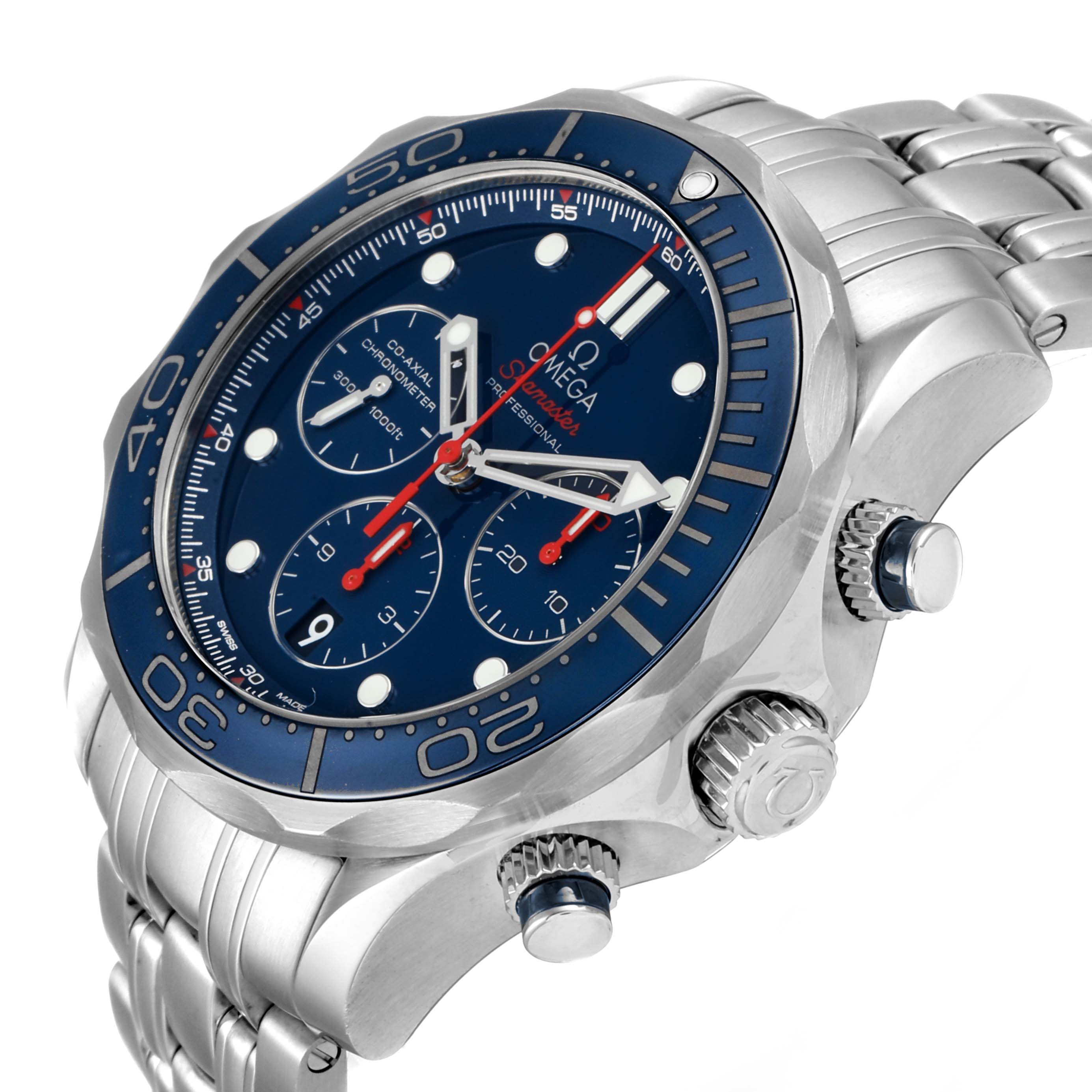 The Omega Seamaster 212.30.44.50.03.001 Men's Stainless Steel Blue Dial 212.30.44.50.03.001 Men's Stainless Steel Blue Dial watch is shown from an angled side view displaying the bezel, dial, and crown.