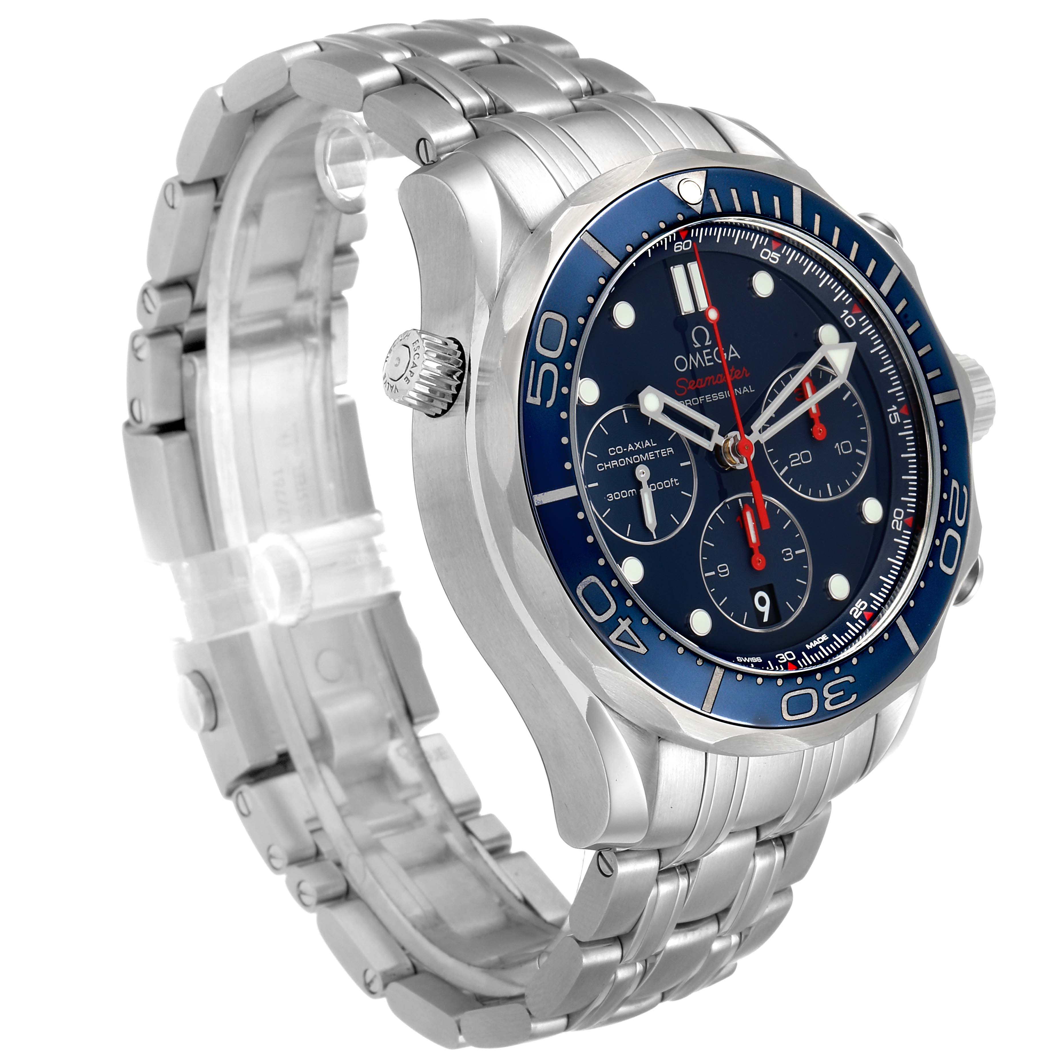 The image shows a side and front angle view of the Omega Seamaster 212.30.44.50.03.001 Men's Stainless Steel Blue Dial 212.30.44.50.03.001 Men's Stainless Steel Blue Dial watch, highlighting the dial, bezel, and bracelet.