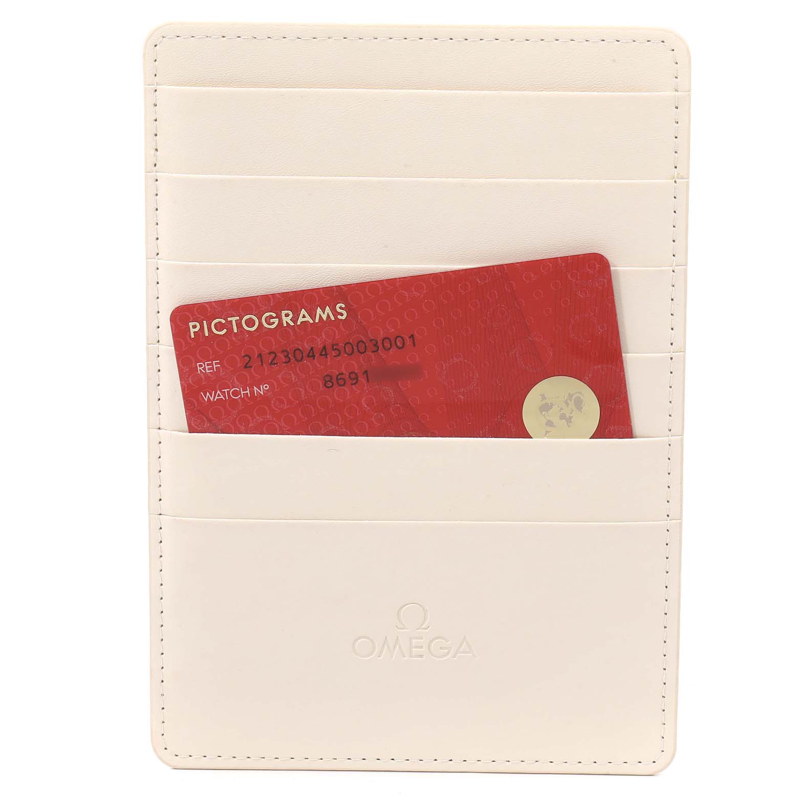 The image shows an Omega Seamaster 212.30.44.50.03.001 Men's Stainless Steel Blue Dial 212.30.44.50.03.001 Men's Stainless Steel Blue Dial warranty card holder with the pictograms card partially inserted.