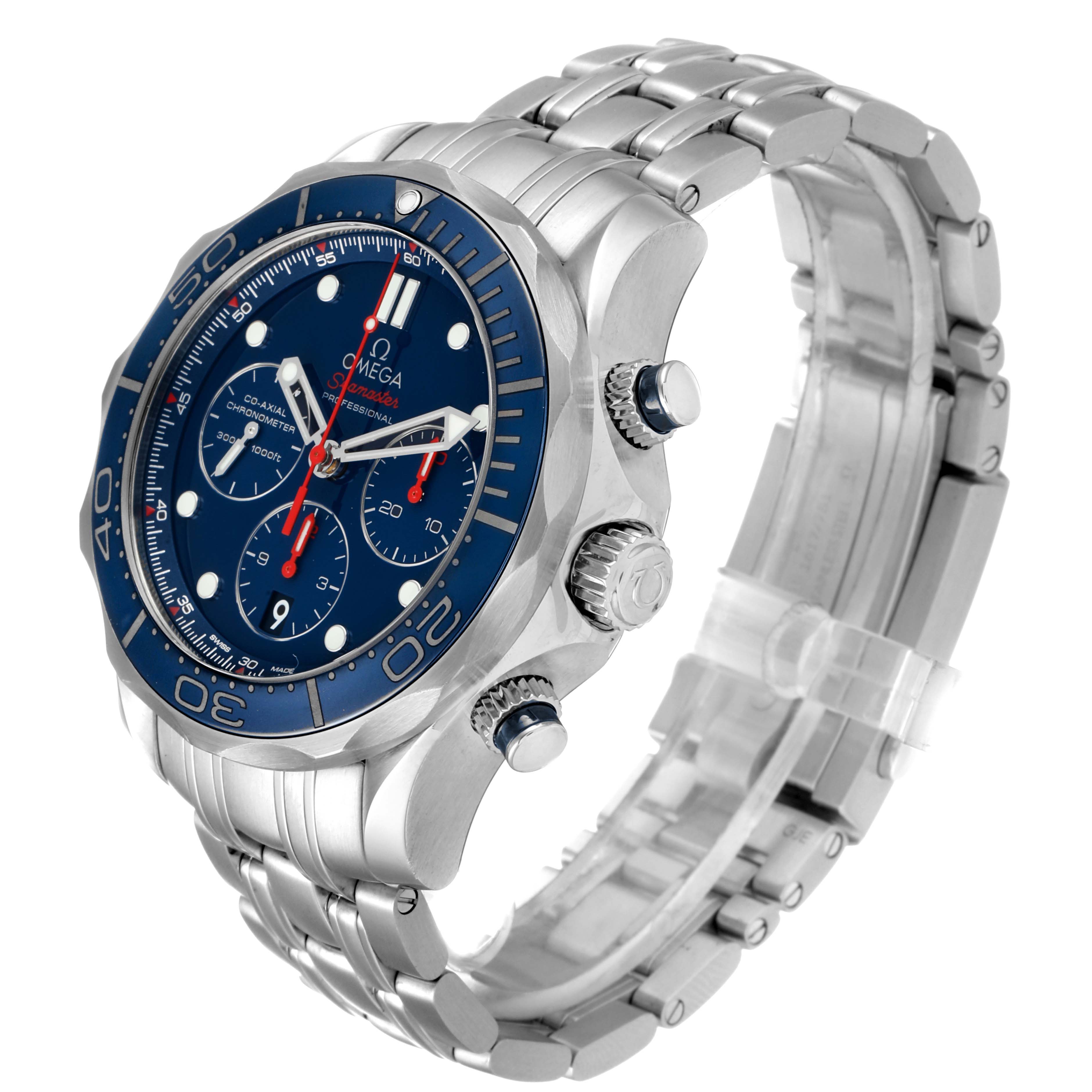 The image shows a side angle of the Omega Seamaster 212.30.44.50.03.001 Men's Stainless Steel Blue Dial 212.30.44.50.03.001 Men's Stainless Steel Blue Dial watch, highlighting its dial, bezel, crown, and metal bracelet.