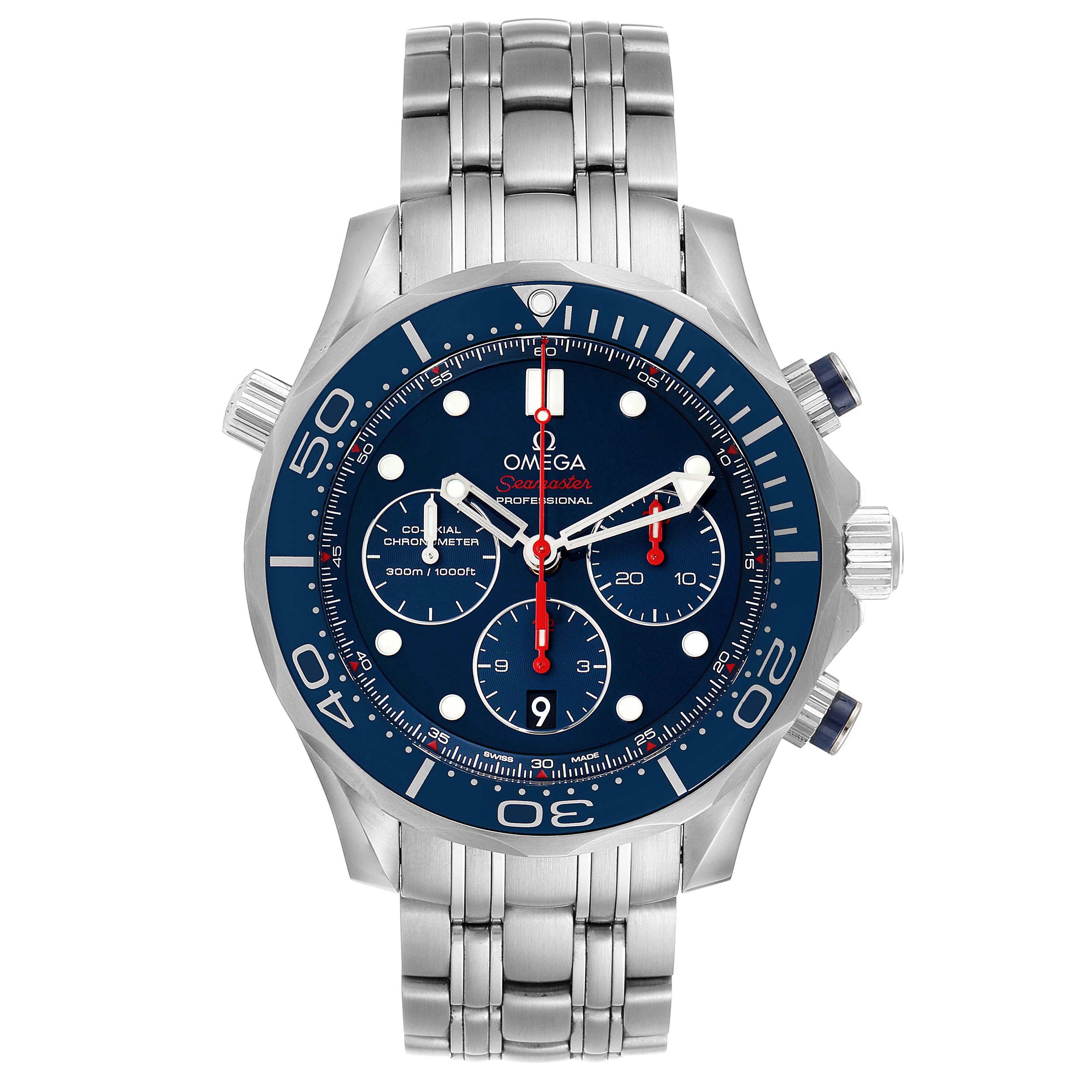 The Omega Seamaster 212.30.44.50.03.001 Men's Stainless Steel Blue Dial 212.30.44.50.03.001 Men's Stainless Steel Blue Dial watch is shown from a frontal angle, displaying its bracelet, dial, bezel, and crown.