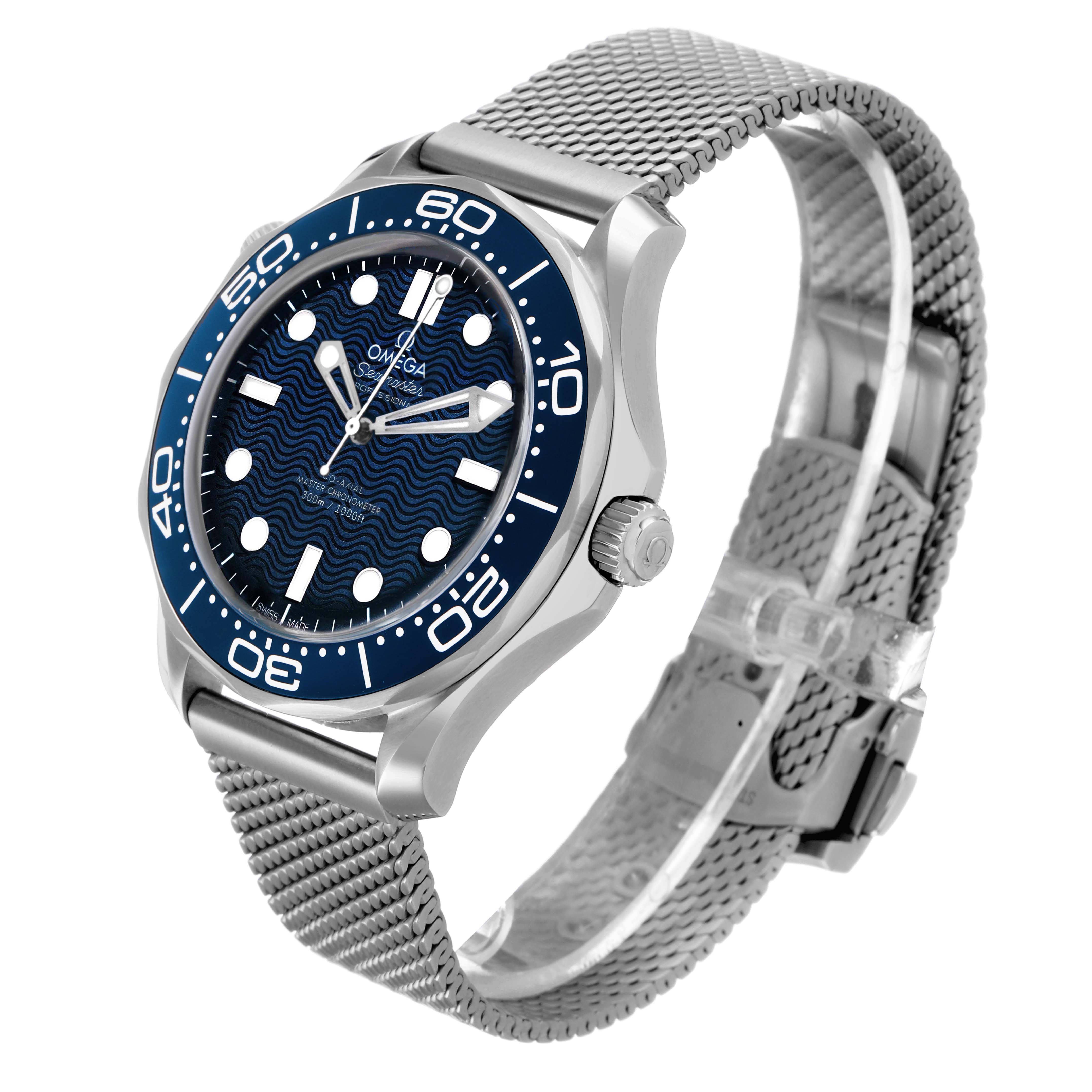 The Omega Seamaster 210.30.42.20.03.002 Men's Stainless Steel Blue Dial watch is shown at a three-quarter angle, highlighting the face, bezel, and mesh bracelet.