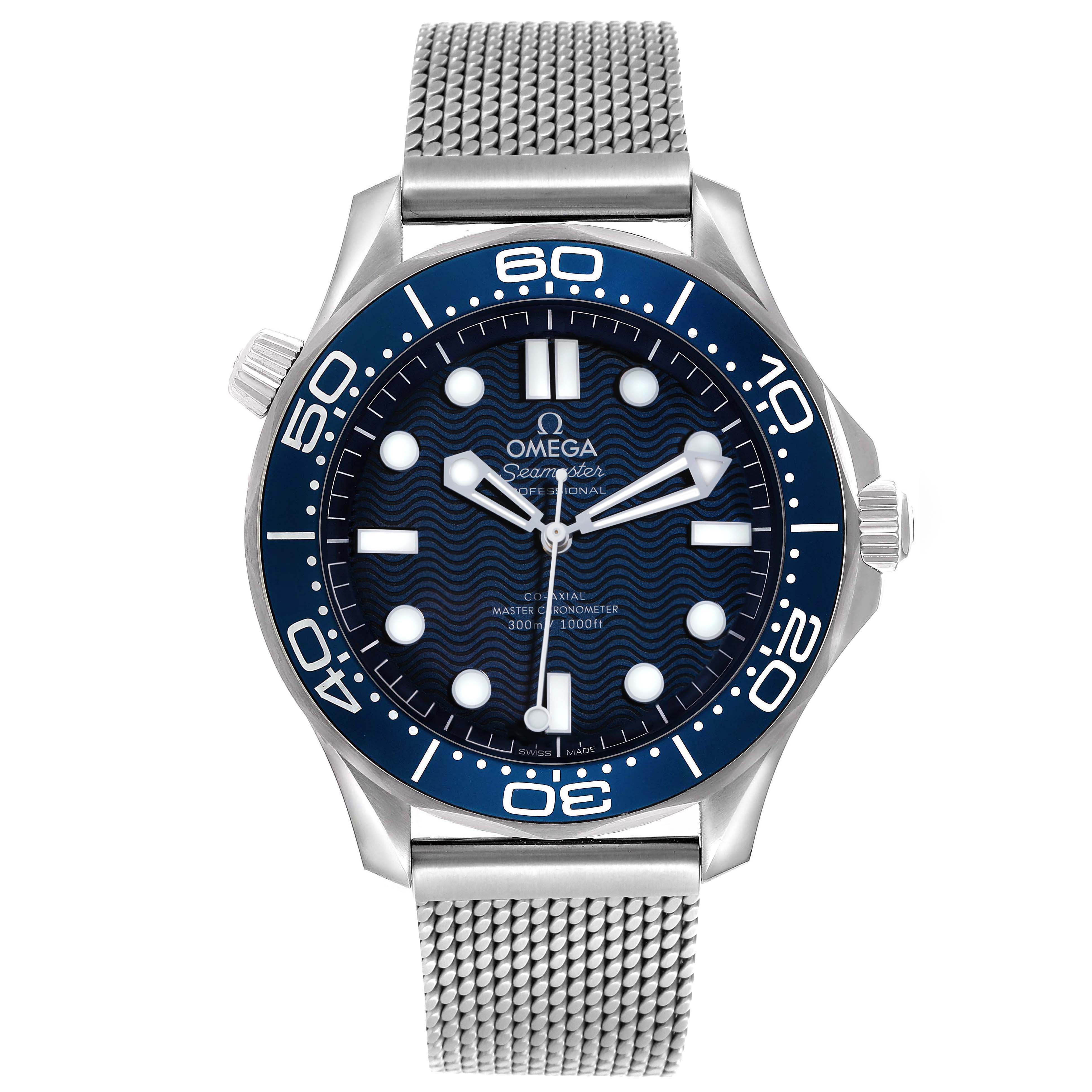 The Omega Seamaster 210.30.42.20.03.002 Men's Stainless Steel Blue Dial watch is shown from the front, featuring its blue dial, bezel, and silver mesh bracelet.