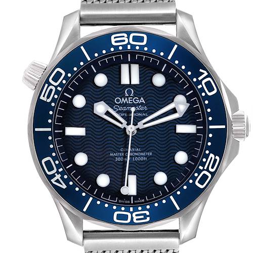 The Omega Seamaster 210.30.42.20.03.002 Men's Stainless Steel Blue Dial watch is shown from a front angle, displaying its dial, bezel, and mesh strap.