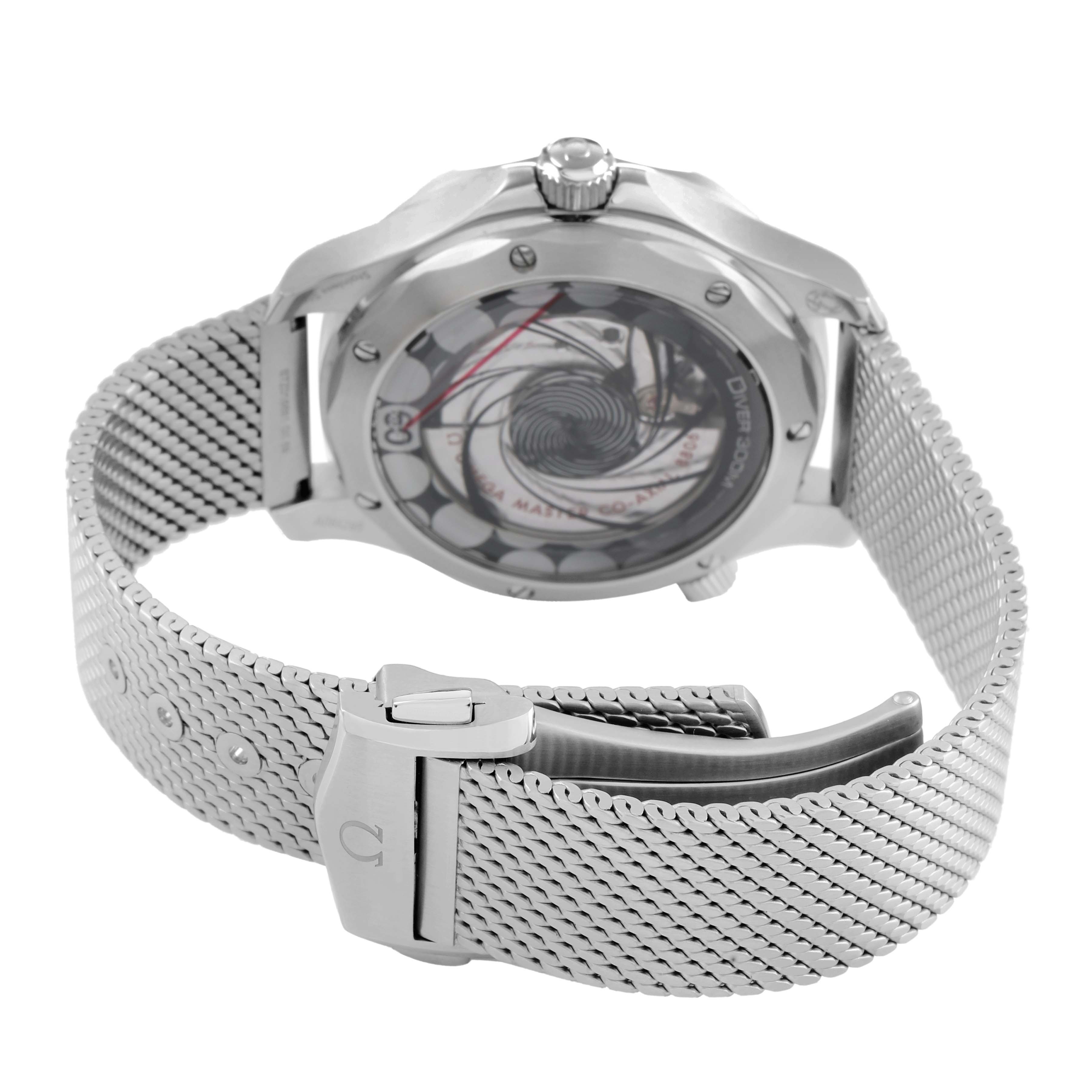 The image shows the back and bracelet of the Omega Seamaster 210.30.42.20.03.002 Men's Stainless Steel Blue Dial watch, displaying its mesh strap and case back design.