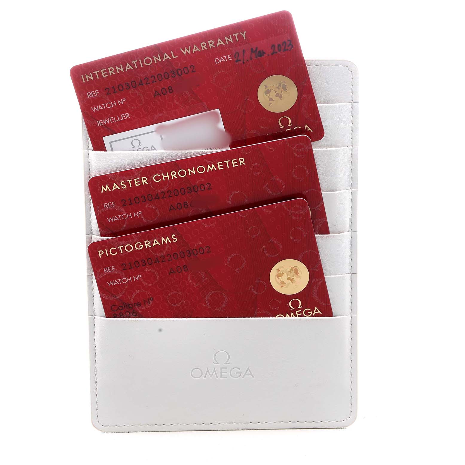 The image shows three Omega Seamaster 210.30.42.20.03.002 Men's Stainless Steel Blue Dial warranty and information cards in a white holder, viewed from the front.