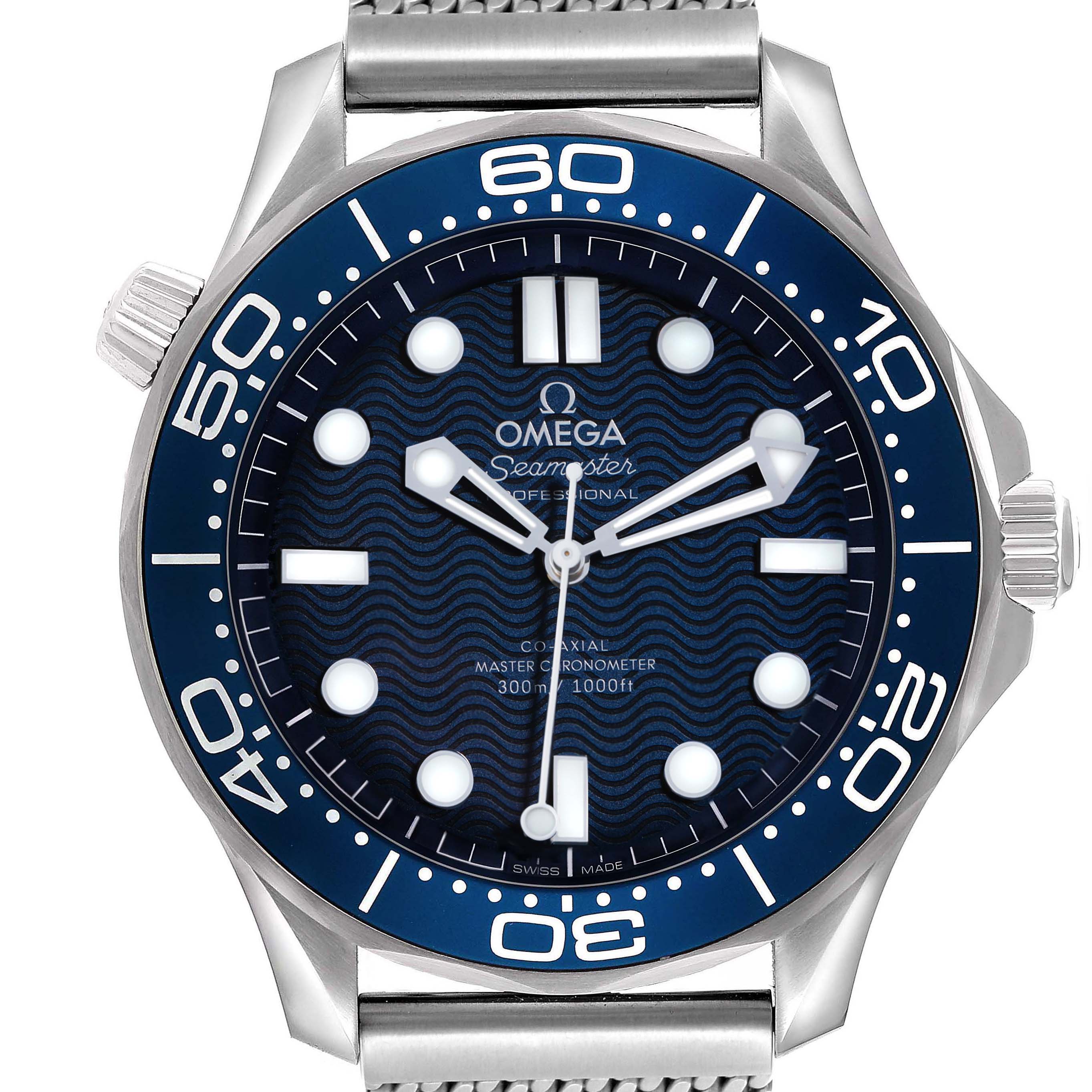 The Omega Seamaster 210.30.42.20.03.002 Men's Stainless Steel Blue Dial watch is shown from a front angle, featuring its blue dial, bezel, crown, and metal bracelet.