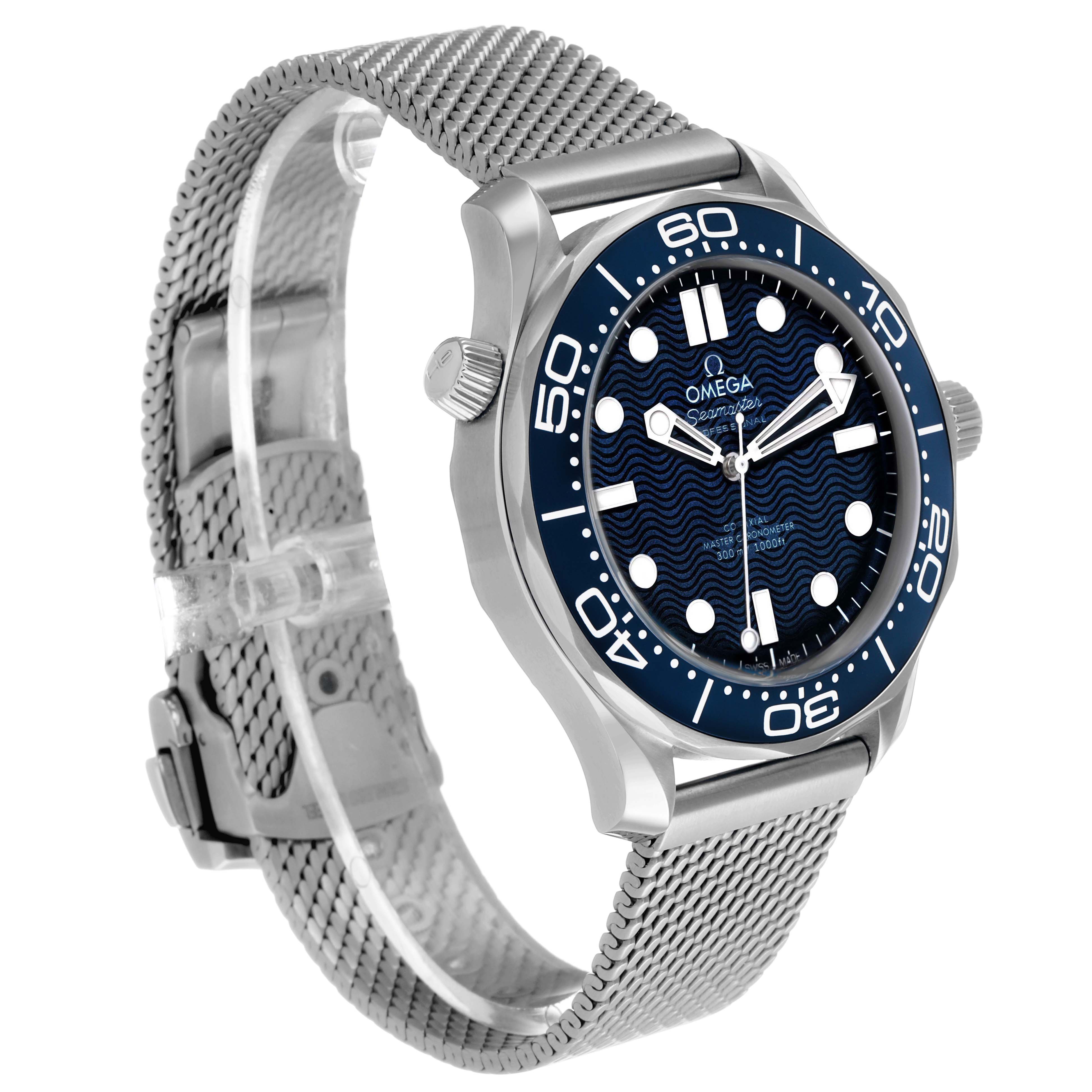 The Omega Seamaster 210.30.42.20.03.002 Men's Stainless Steel Blue Dial watch is shown at a three-quarter angle, highlighting the face, bezel, crown, strap, and clasp.