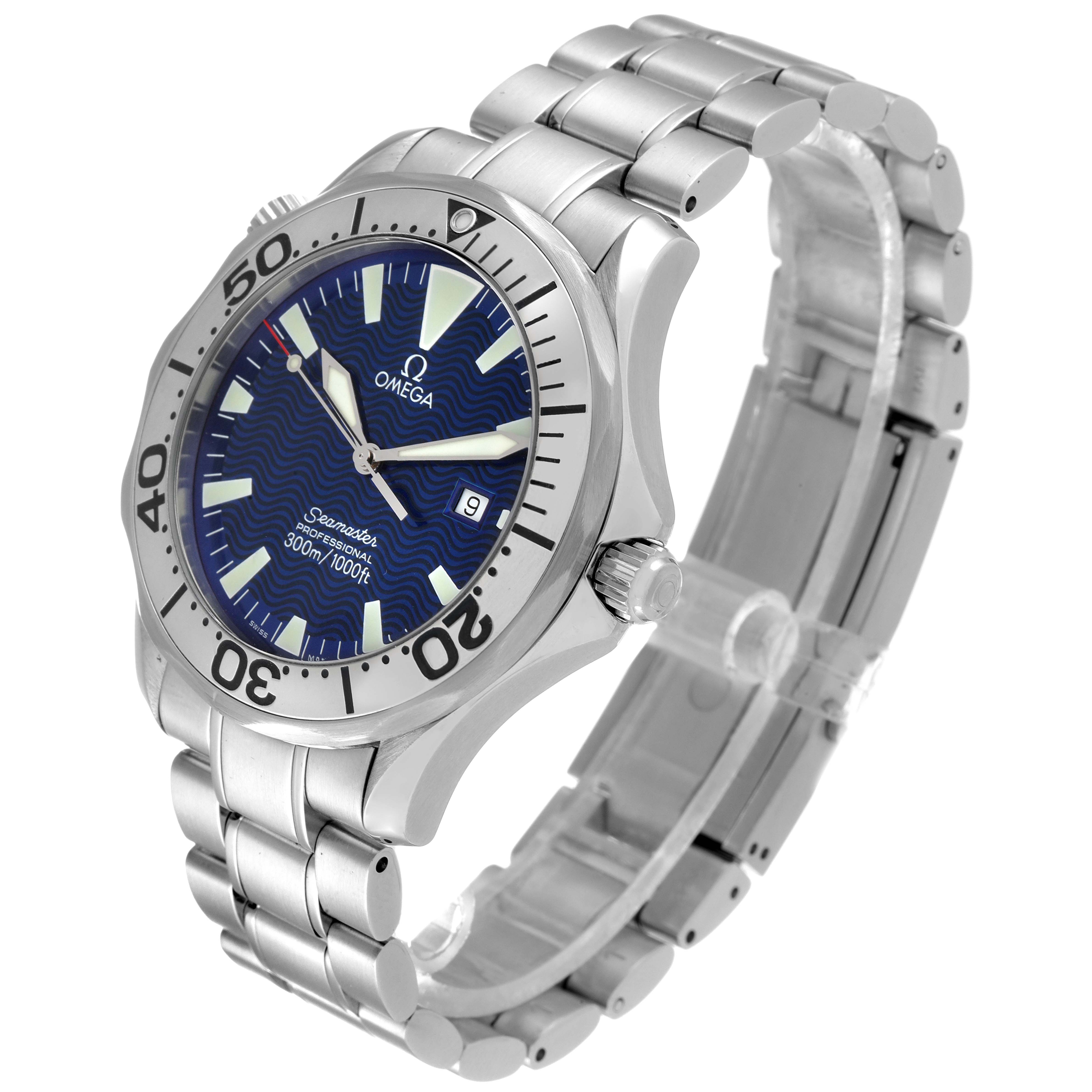 The Omega Seamaster 2265.80.00 Men's Stainless Steel Blue Dial 2265.80.00 Men's Stainless Steel Blue Dial watch is shown at a right three-quarter angle, displaying the dial, bezel, bracelet, and crown.