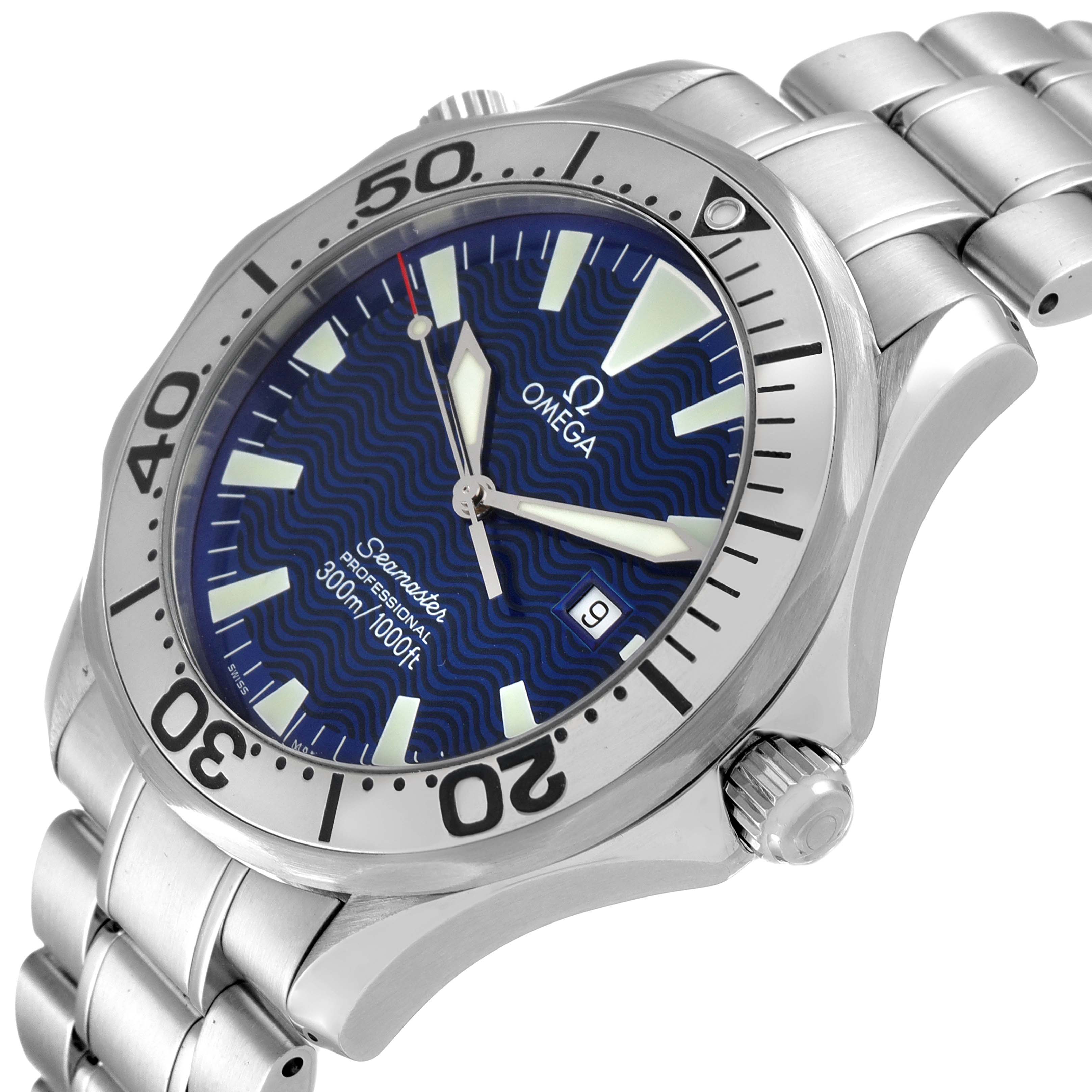 The image shows a side and front angle of an Omega Seamaster 2265.80.00 Men's Stainless Steel Blue Dial 2265.80.00 Men's Stainless Steel Blue Dial watch, highlighting the face, bezel, bracelet, and crown.