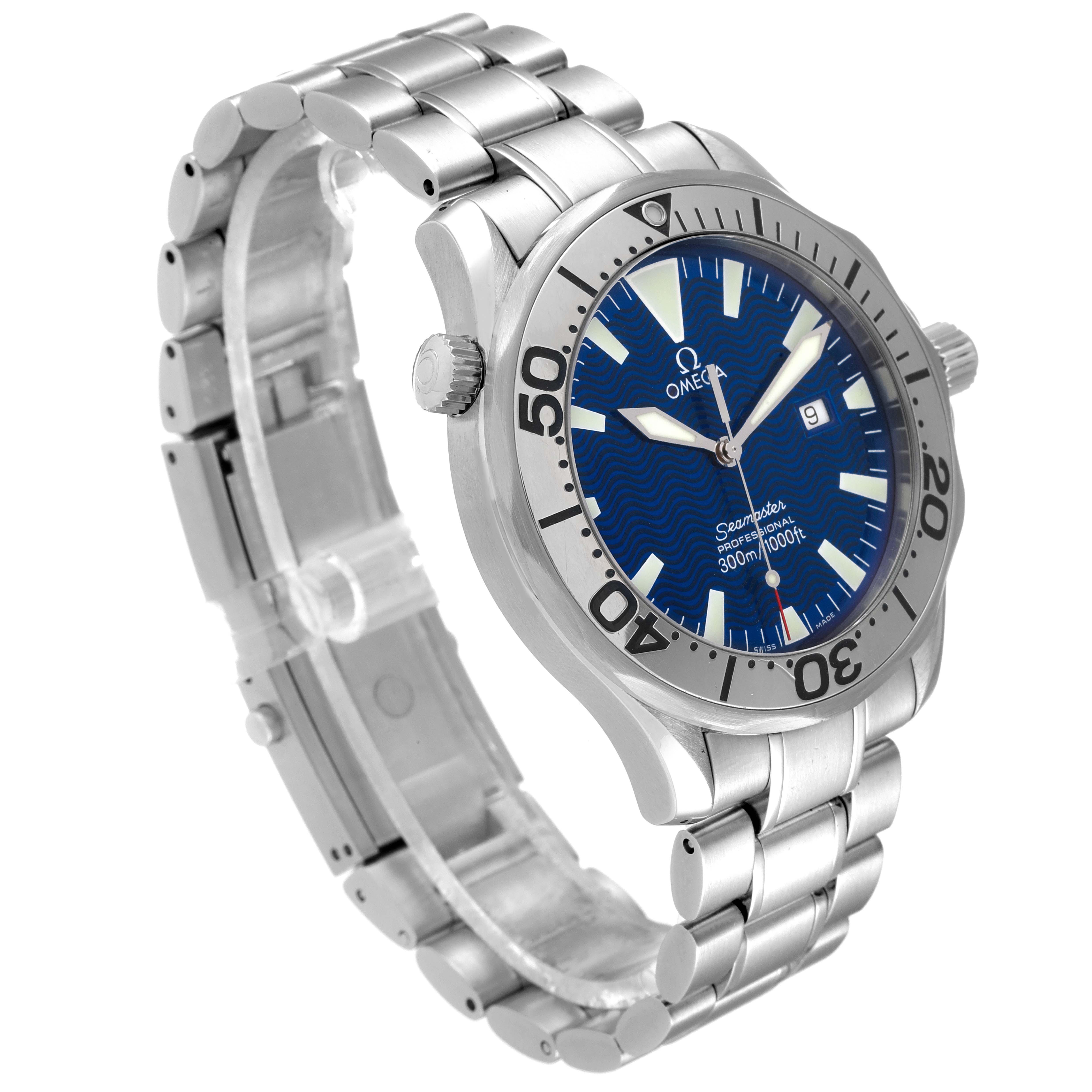 The image shows an Omega Seamaster 2265.80.00 Men's Stainless Steel Blue Dial 2265.80.00 Men's Stainless Steel Blue Dial watch at a slight angle, highlighting its blue face, stainless steel case, and bracelet.