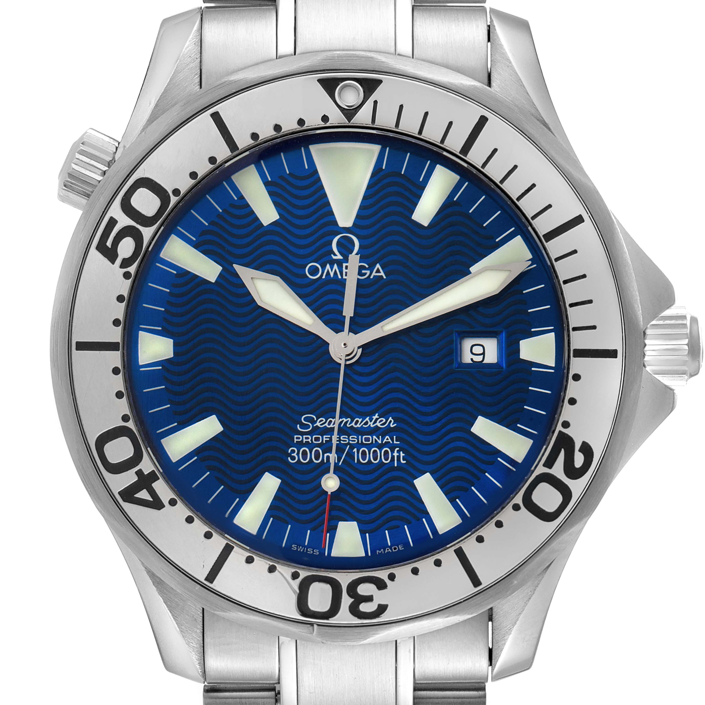 The image shows a close-up of the Omega Seamaster 2265.80.00 Men's Stainless Steel Blue Dial 2265.80.00 Men's Stainless Steel Blue Dial watch face, bezel, and part of the bracelet.
