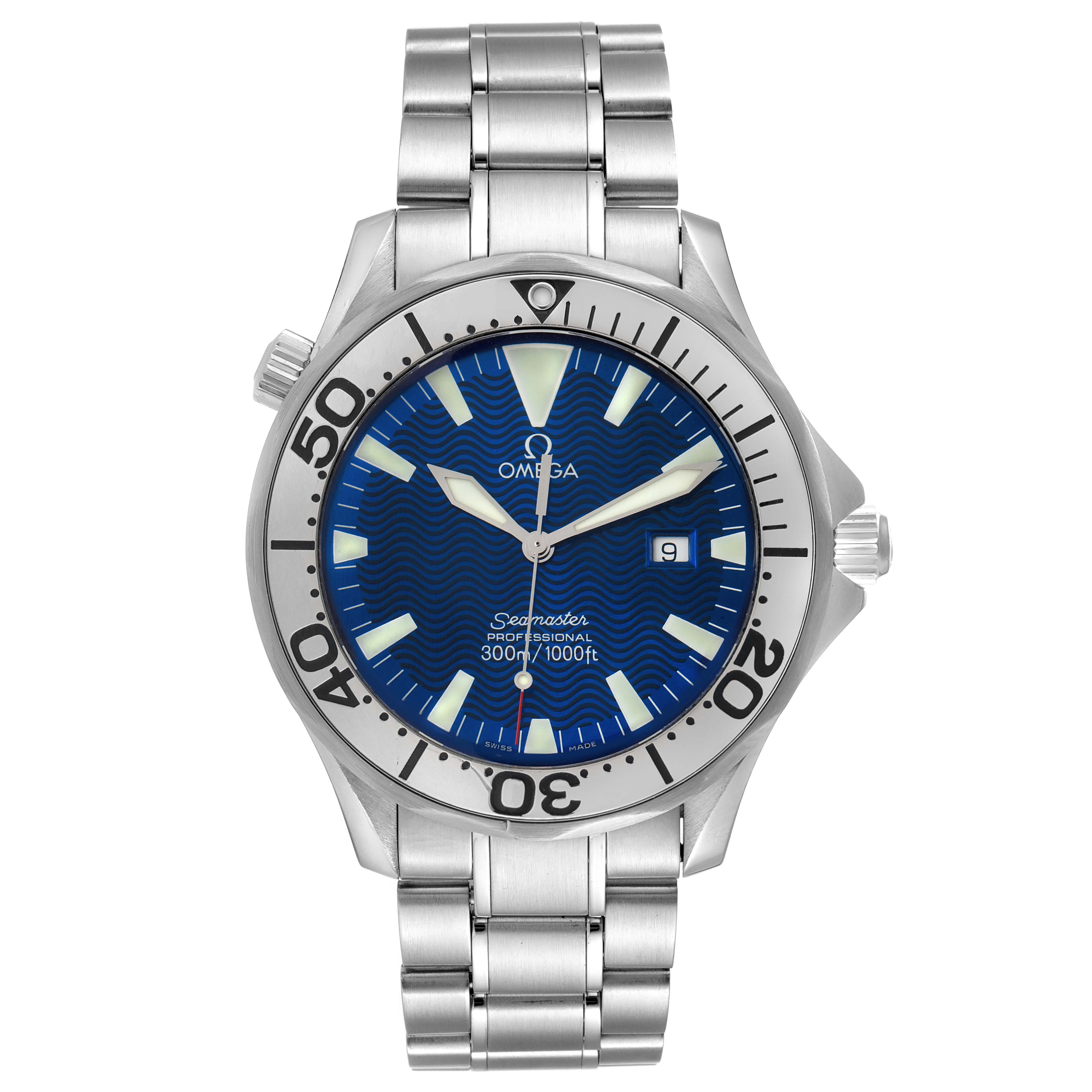 The Omega Seamaster 2265.80.00 Men's Stainless Steel Blue Dial 2265.80.00 Men's Stainless Steel Blue Dial watch is shown from a front angle, displaying the dial, bezel, band, and crown.