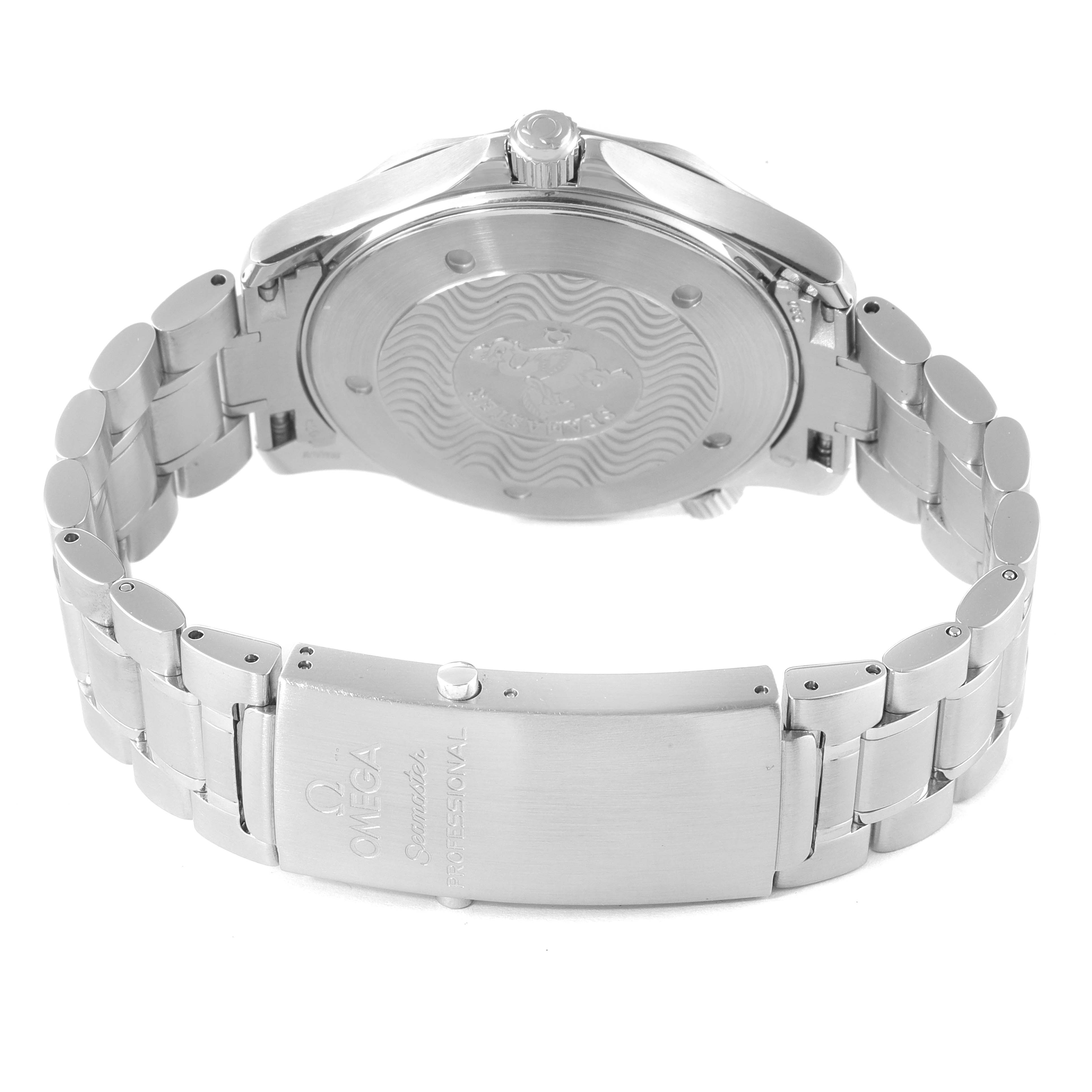 The image shows the backside and bracelet of an Omega Seamaster 2265.80.00 Men's Stainless Steel Blue Dial 2265.80.00 Men's Stainless Steel Blue Dial watch, highlighting the clasp and case back engravings.