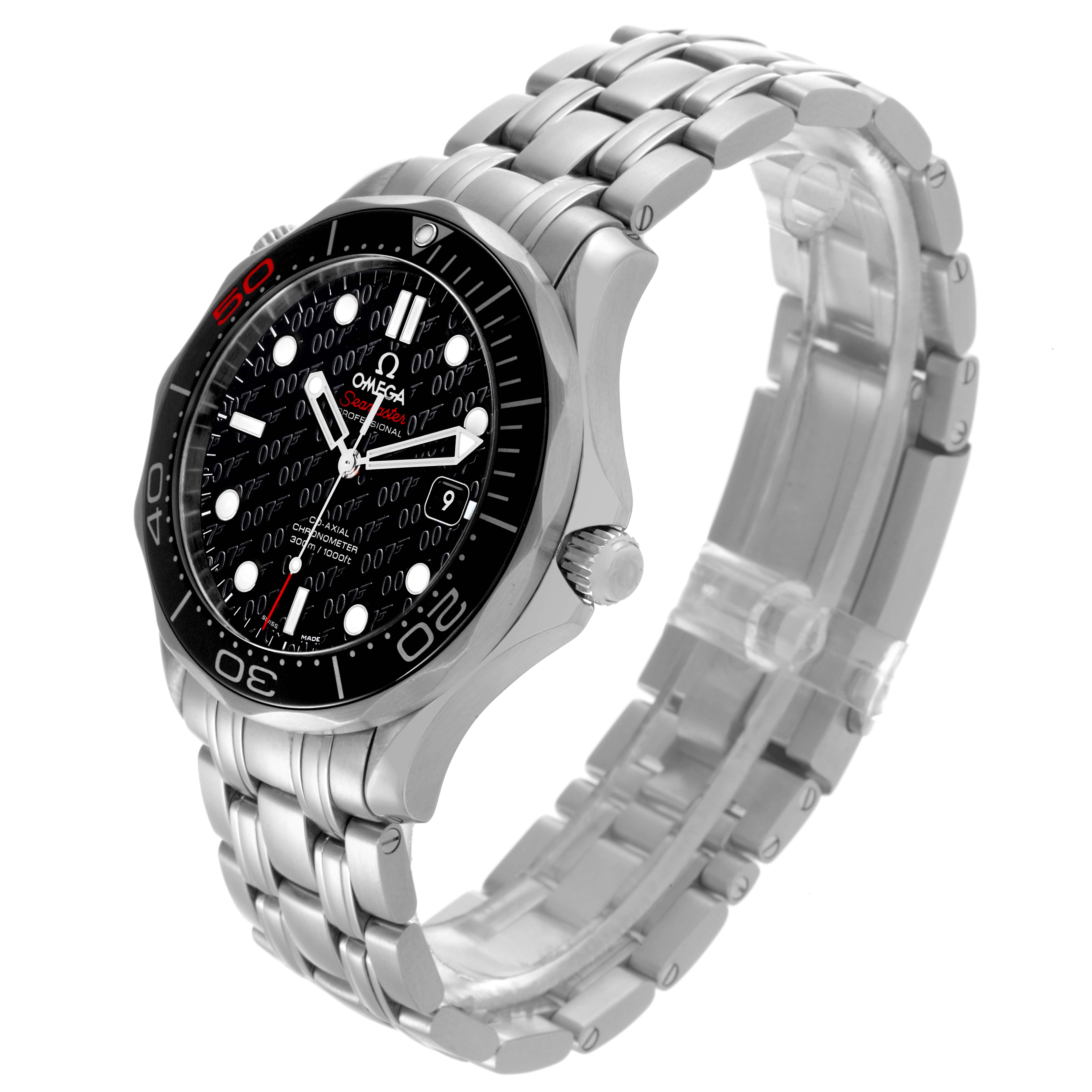 The Omega Seamaster 212.30.41.20.01.005 Men's Stainless Steel Black Dial 212.30.41.20.01.005 Men's Stainless Steel Black Dial watch is shown at a three-quarter angle, displaying the face, bezel, crown, and bracelet.