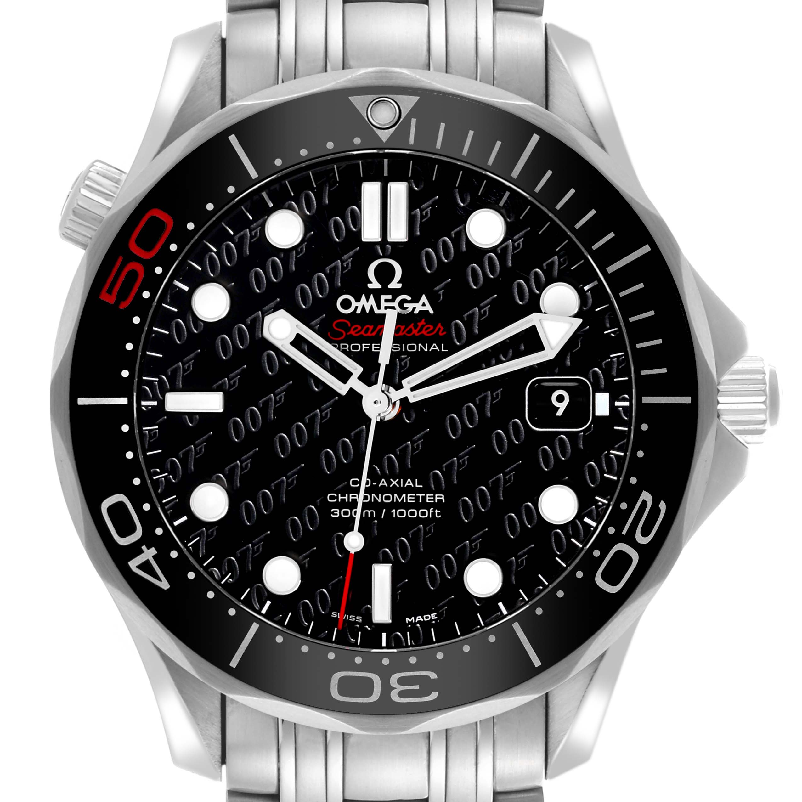 The Omega Seamaster 212.30.41.20.01.005 Men's Stainless Steel Black Dial 212.30.41.20.01.005 Men's Stainless Steel Black Dial watch is shown from the front, highlighting the dial, bezel, and bracelet links.