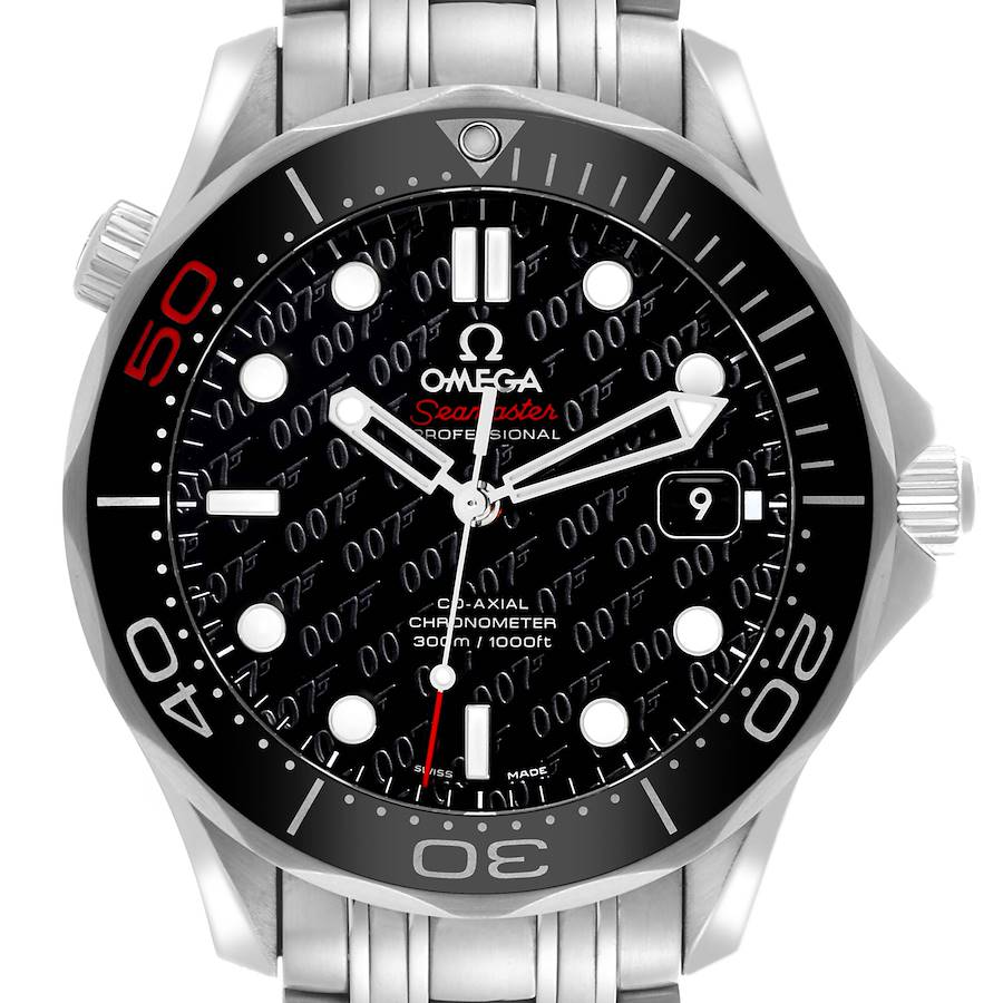 The Omega Seamaster watch is shown from the front, highlighting the dial, bezel, and bracelet links.