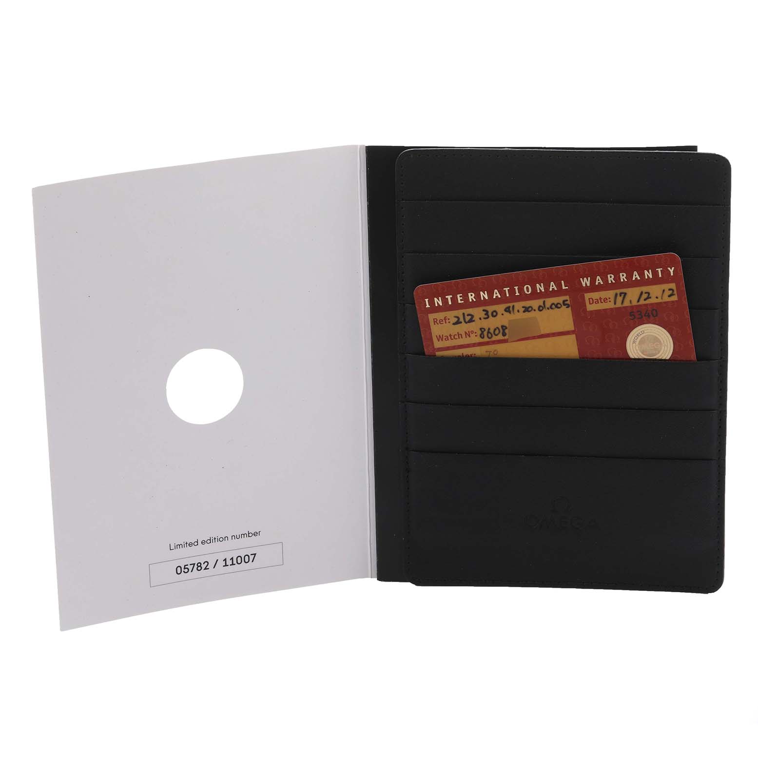 The image shows an open Omega Seamaster 212.30.41.20.01.005 Men's Stainless Steel Black Dial 212.30.41.20.01.005 Men's Stainless Steel Black Dial warranty card holder with a card visible in its slot.