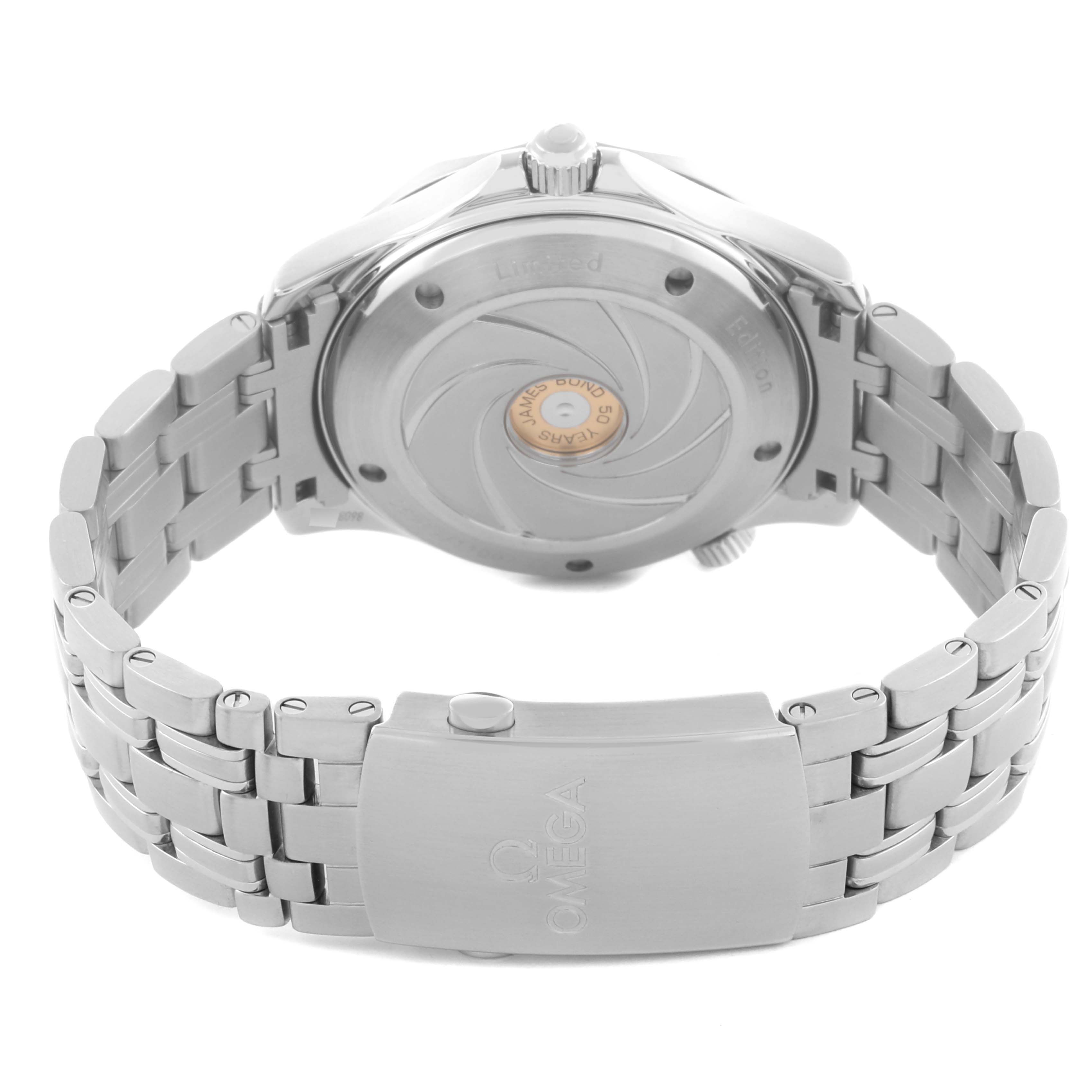 The image shows the back of an Omega Seamaster 212.30.41.20.01.005 Men's Stainless Steel Black Dial 212.30.41.20.01.005 Men's Stainless Steel Black Dial watch, highlighting the case back and metal bracelet.