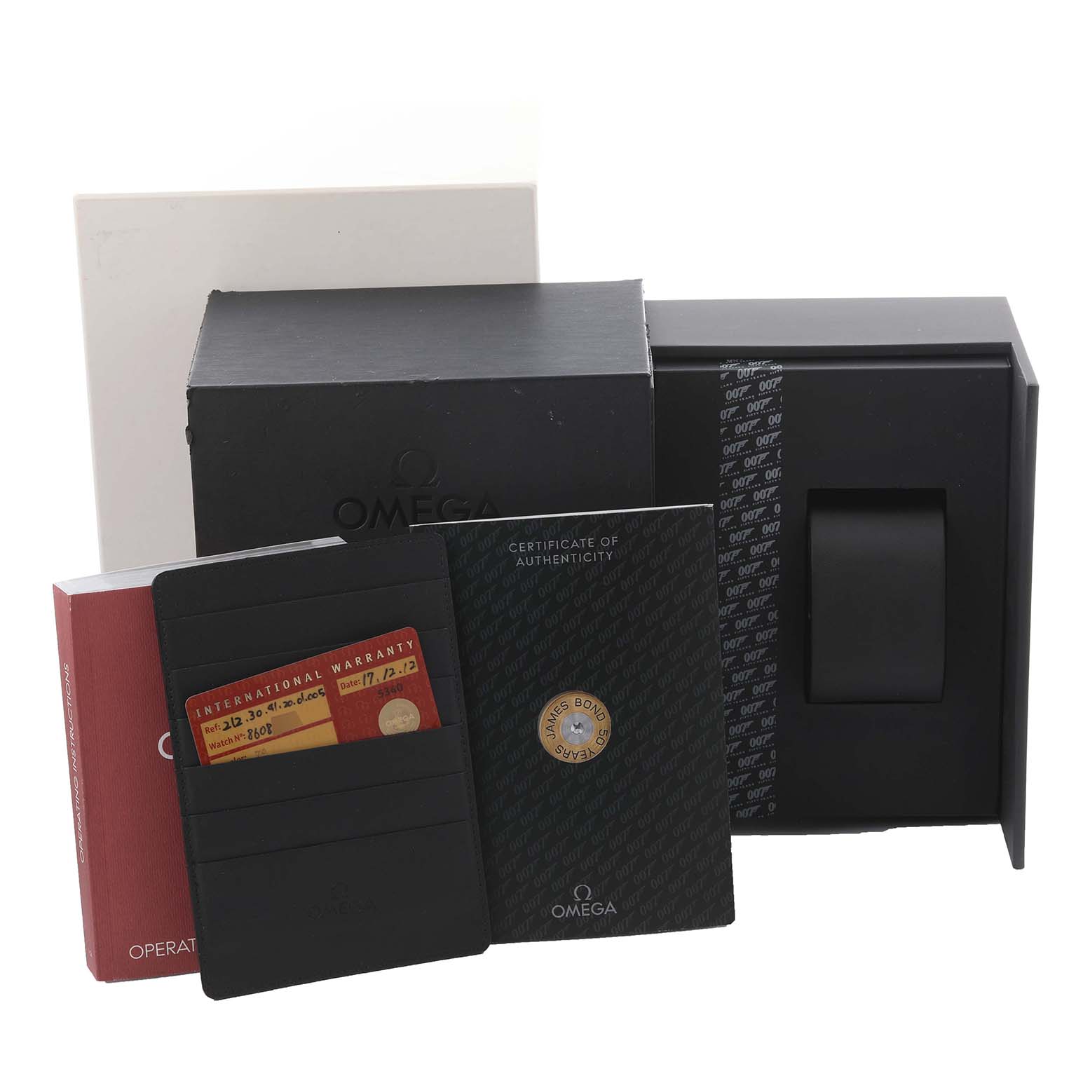 This image shows accessories for the Omega Seamaster 212.30.41.20.01.005 Men's Stainless Steel Black Dial 212.30.41.20.01.005 Men's Stainless Steel Black Dial watch, including a box, international warranty card, operating instructions, and certificate of authenticity.