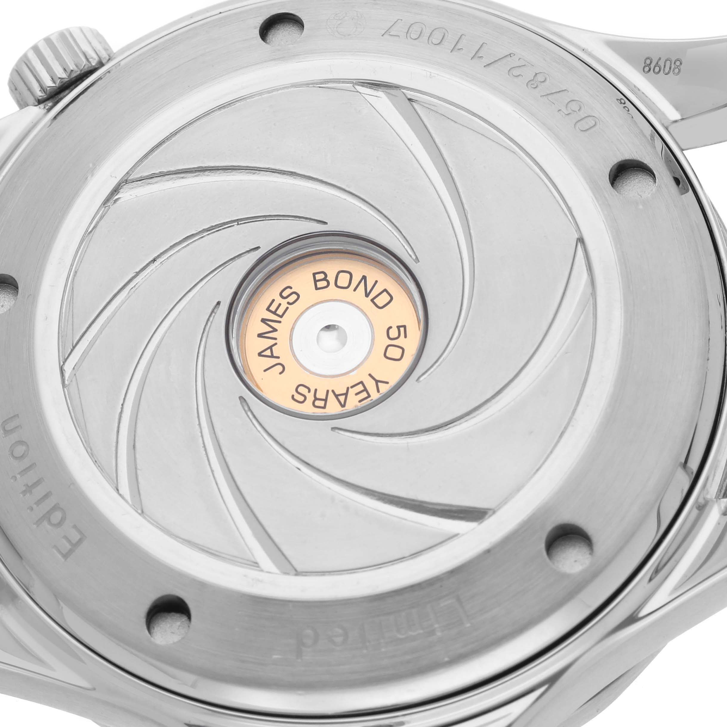 The image shows the case back of the Omega Seamaster 212.30.41.20.01.005 Men's Stainless Steel Black Dial 212.30.41.20.01.005 Men's Stainless Steel Black Dial watch, featuring an engraving commemorating "James Bond 50 Years."