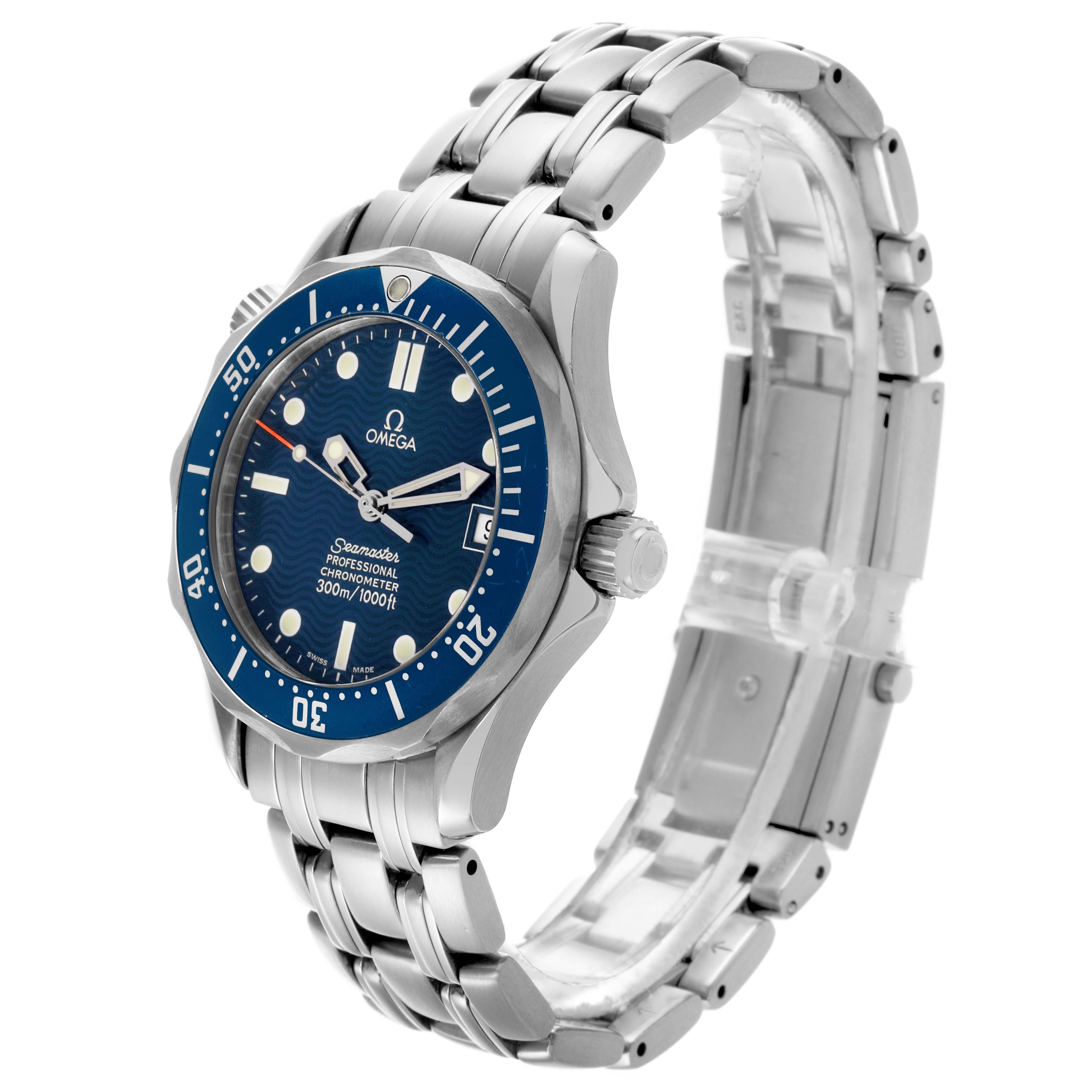 The Omega Seamaster 2551.80.00 Men
s Stainless Steel Blue Dial 2551.80.00 Men
s Stainless Steel Blue Dial watch is shown at a slight angle, displaying the blue dial, bezel, and stainless steel bracelet prominently.