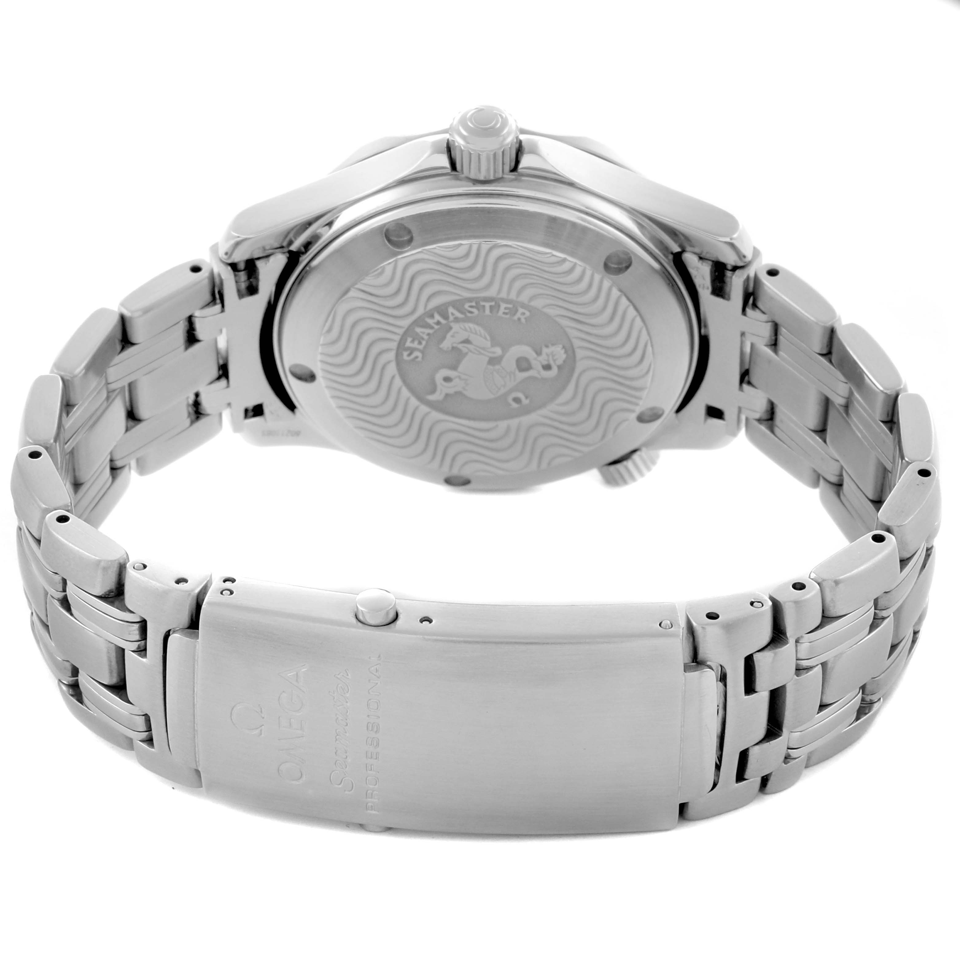 The image shows the Omega Seamaster 2551.80.00 Men
s Stainless Steel Blue Dial 2551.80.00 Men
s Stainless Steel Blue Dial watch from the back, highlighting the case back and bracelet clasp.