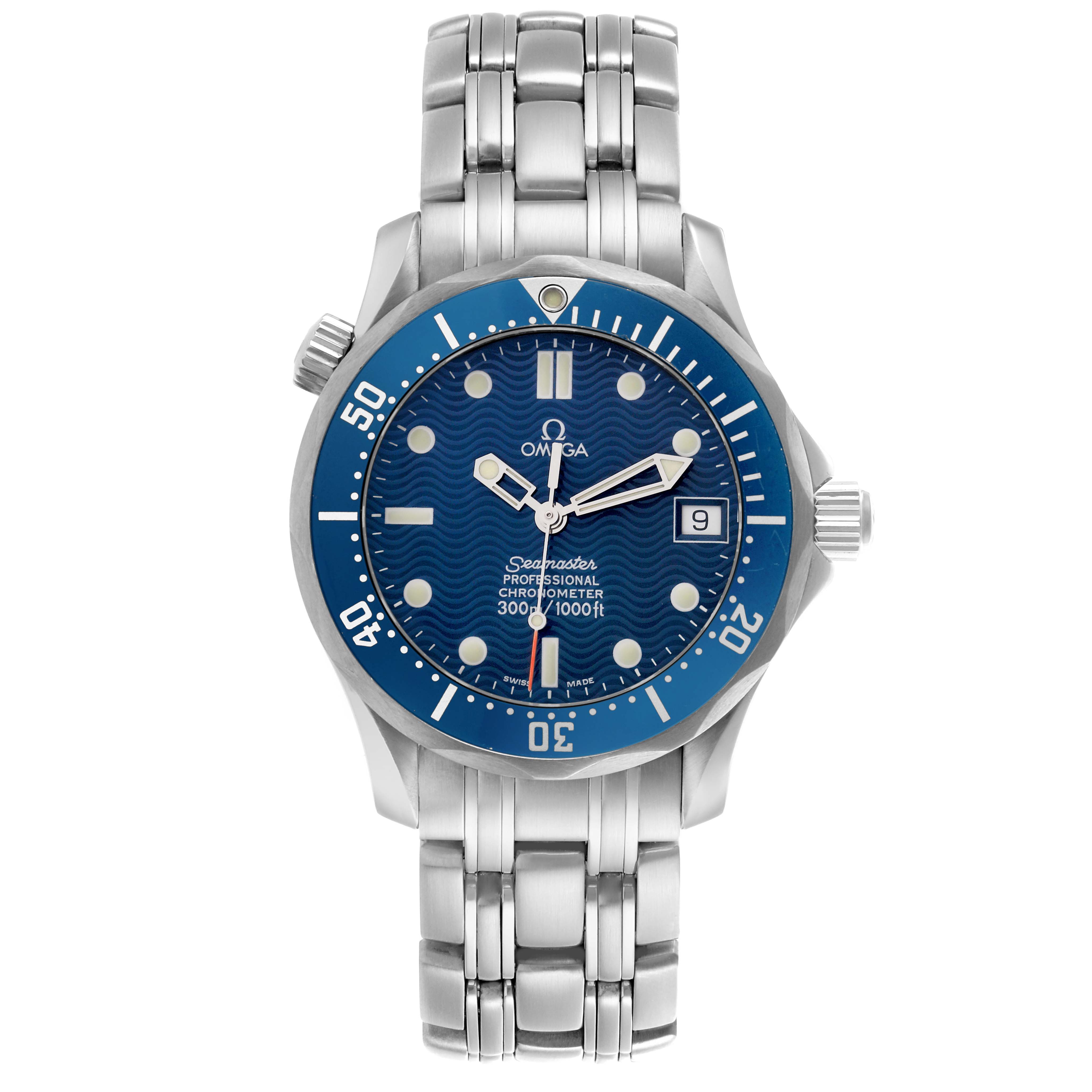 The Omega Seamaster 2551.80.00 Men
s Stainless Steel Blue Dial 2551.80.00 Men
s Stainless Steel Blue Dial watch is shown from a front angle, highlighting the dial, bezel, bracelet, and crown.