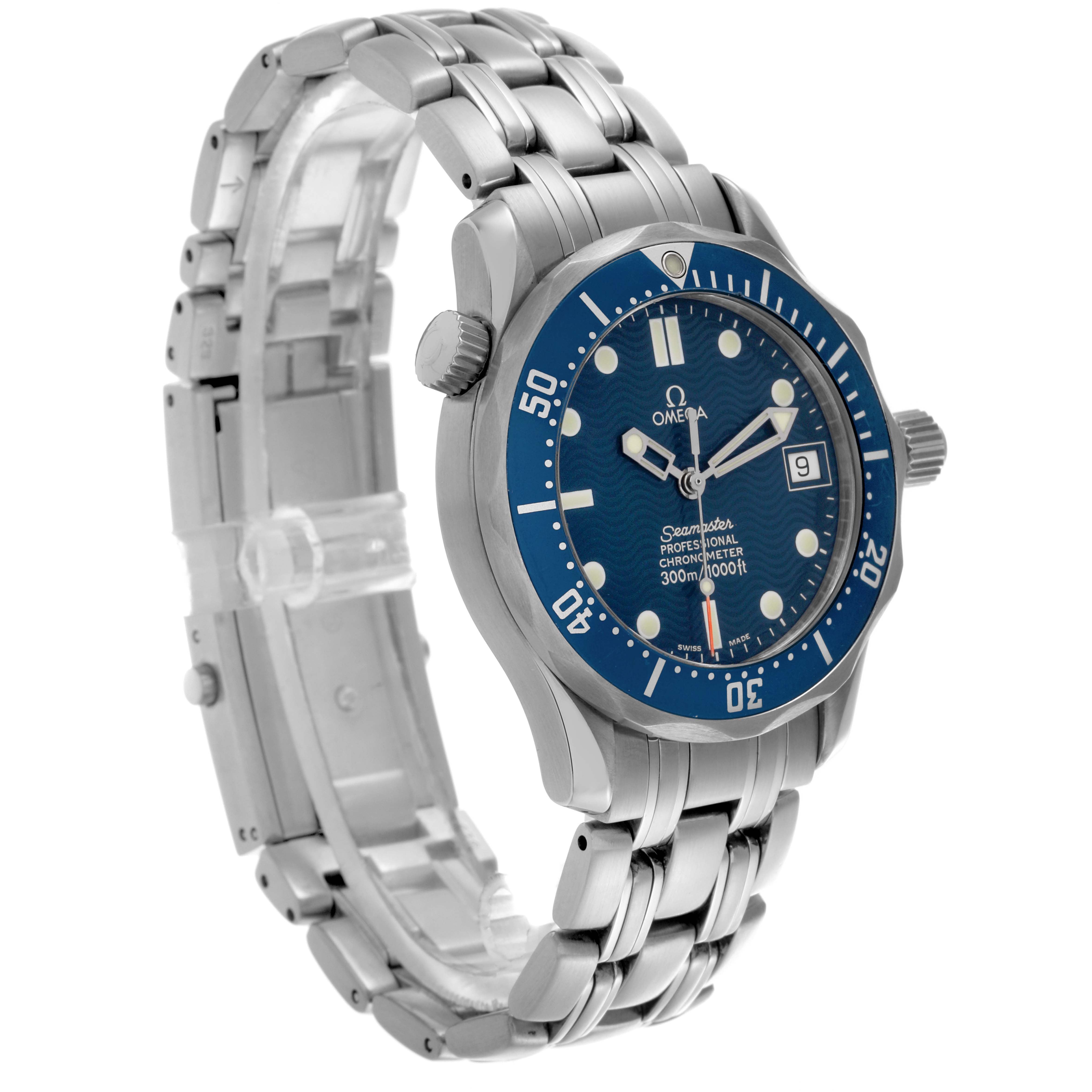 The Omega Seamaster 2551.80.00 Men
s Stainless Steel Blue Dial 2551.80.00 Men
s Stainless Steel Blue Dial watch is shown at an oblique angle, displaying the blue dial, bezel, and bracelet.