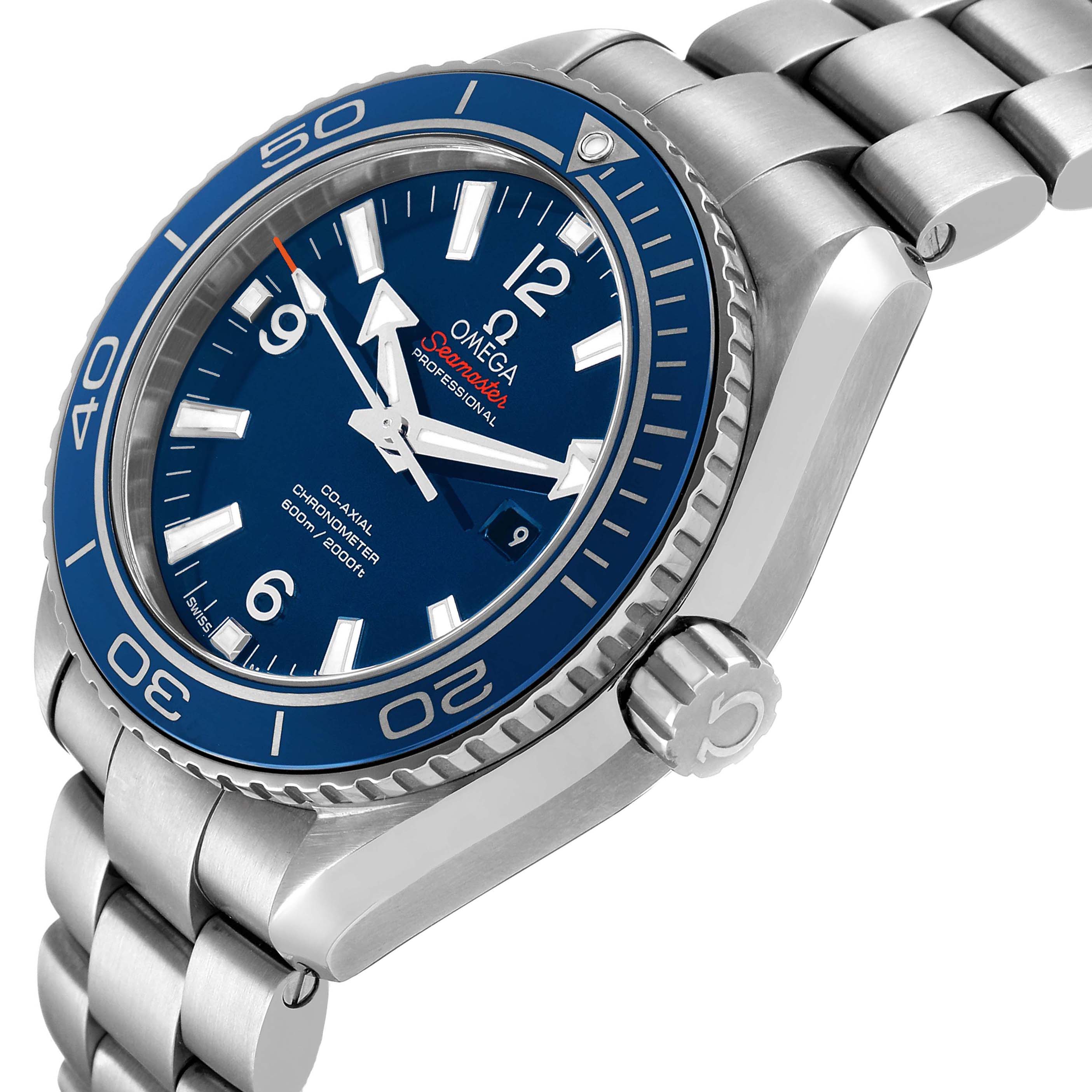The Omega Planet Ocean 232.90.38.20.03.001 Men's Titanium Blue Dial watch is shown at an angle highlighting the face, bezel, crown, and part of the bracelet.