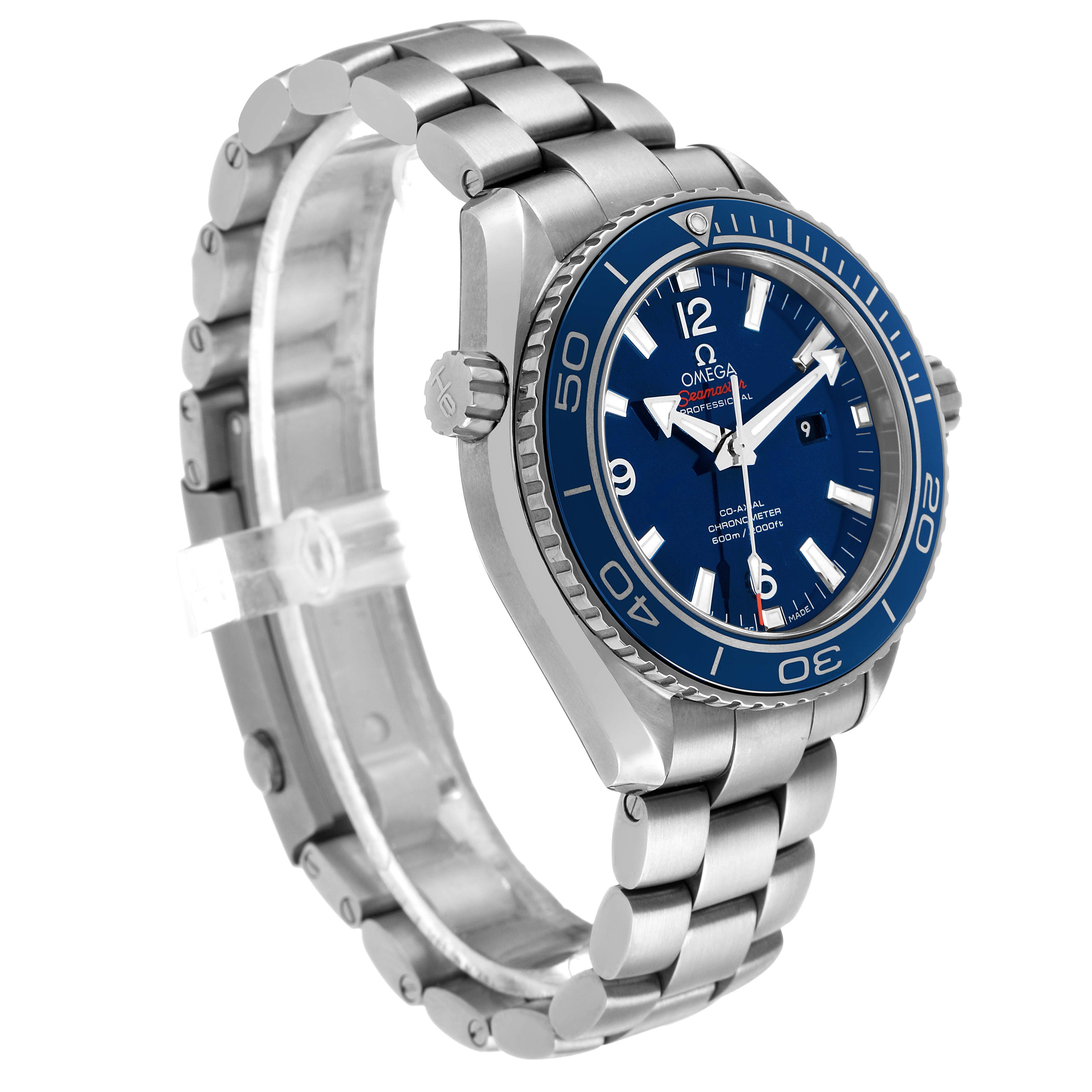 The image shows an angled view of the Omega Planet Ocean 232.90.38.20.03.001 Men's Titanium Blue Dial watch, highlighting its blue bezel, face, and stainless steel bracelet.