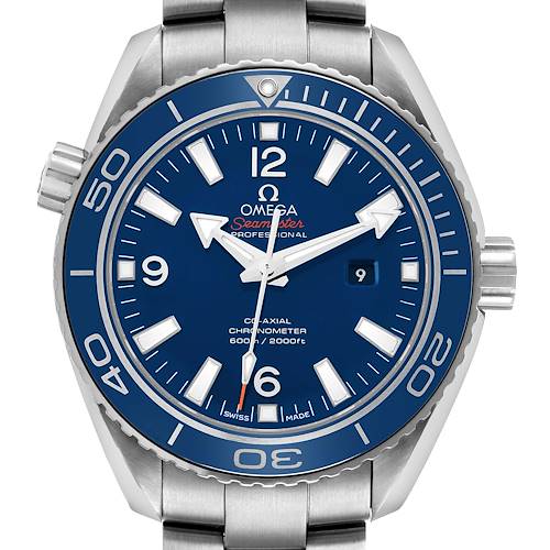 The Omega Planet Ocean 232.90.38.20.03.001 Men's Titanium Blue Dial watch is shown from the front, displaying the dial, bezel, crown, and part of the bracelet.